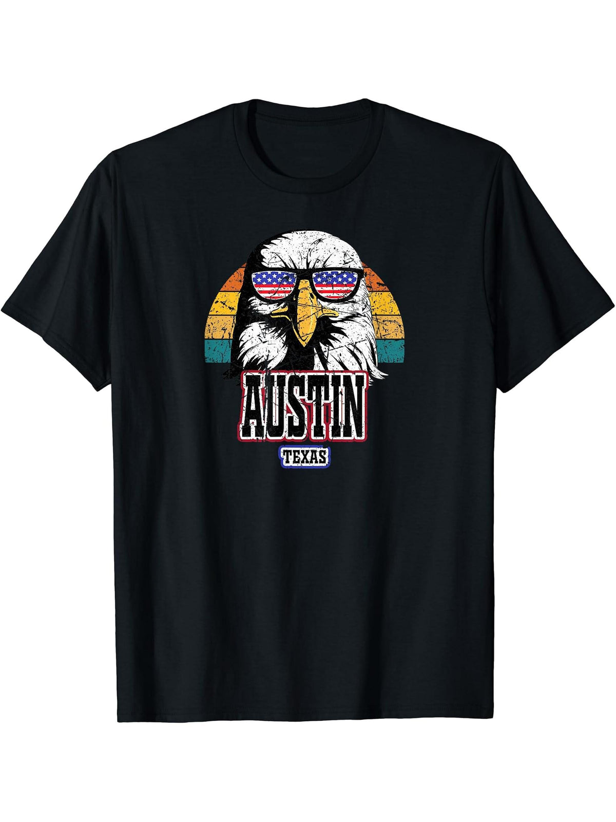 Austin Texas USA America Flag Men Women Grunge Bald Eagle T-Shirt 180G 100% Cotton Printed Round Neck Short-Sleeve T-Shirt, Gifts for Men Dad Husband Grandpa, S-XXXL, Black