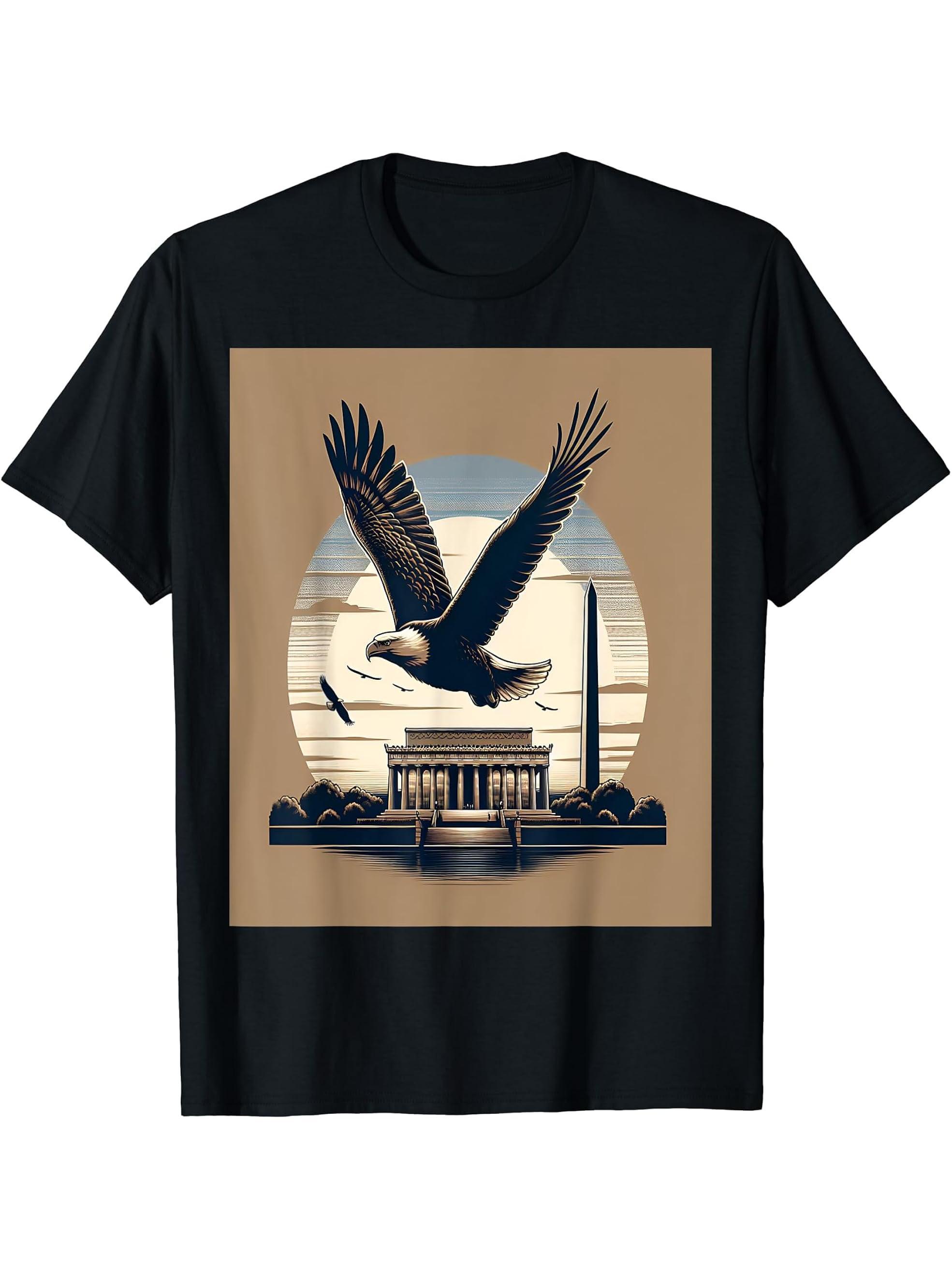 Bald Eagle Over National Monument T-Shirt 180G 100% Cotton Printed Round Neck Short-Sleeve T-Shirt, Gifts for Men Dad Husband Grandpa, S-XXXL, Black