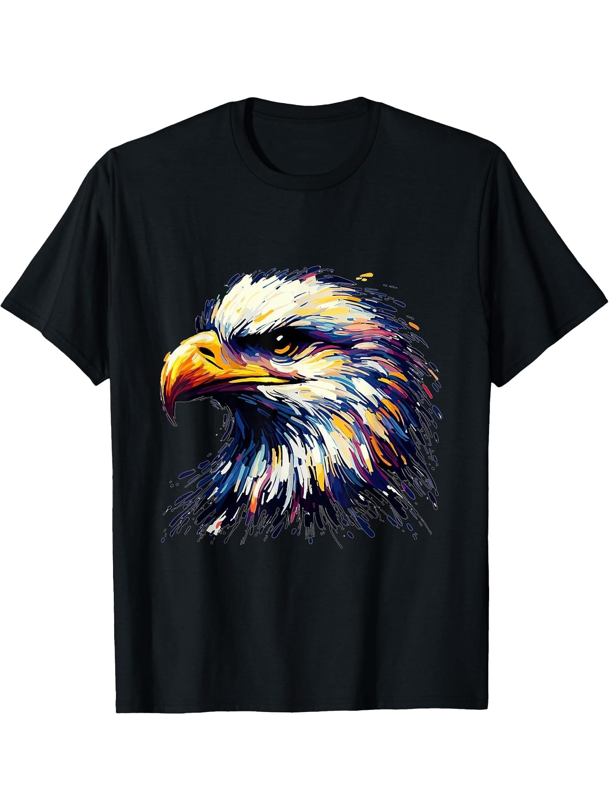Colorful Impressionism Style Animal Lover Bald Eagle Face T-Shirt 180G 100% Cotton Printed Round Neck Short-Sleeve T-Shirt, Gifts for Men Dad Husband Grandpa, S-XXXL, Black