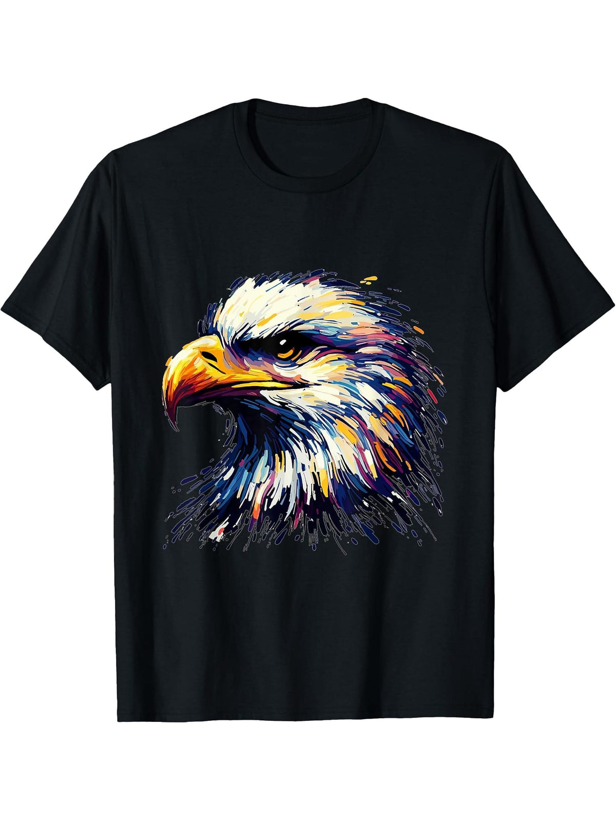 Colorful Impressionism Style Animal Lover Bald Eagle Face T-Shirt 180G 100% Cotton Printed Round Neck Short-Sleeve T-Shirt, Gifts for Men Dad Husband Grandpa, S-XXXL, Black