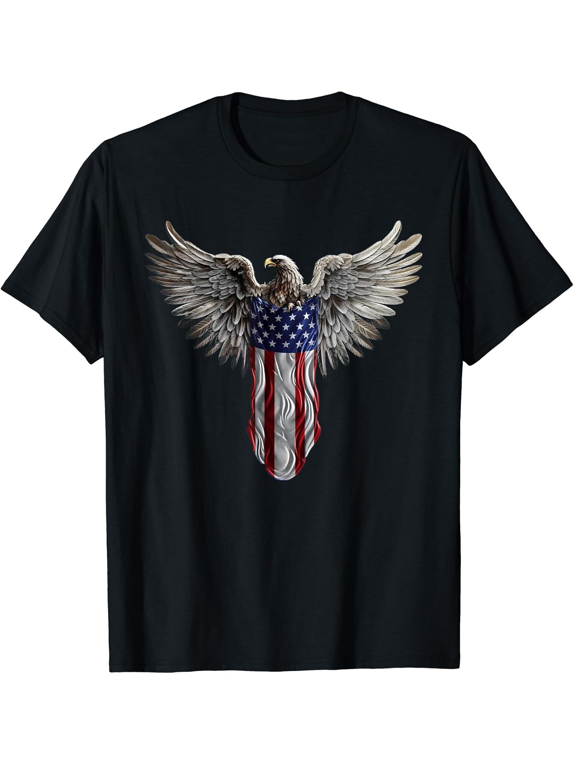 American bald eagle with National USA flag T-Shirt 180G 100% Cotton Printed Round Neck Short-Sleeve T-Shirt, Gifts for Men Dad Husband Grandpa, S-XXXL, Black