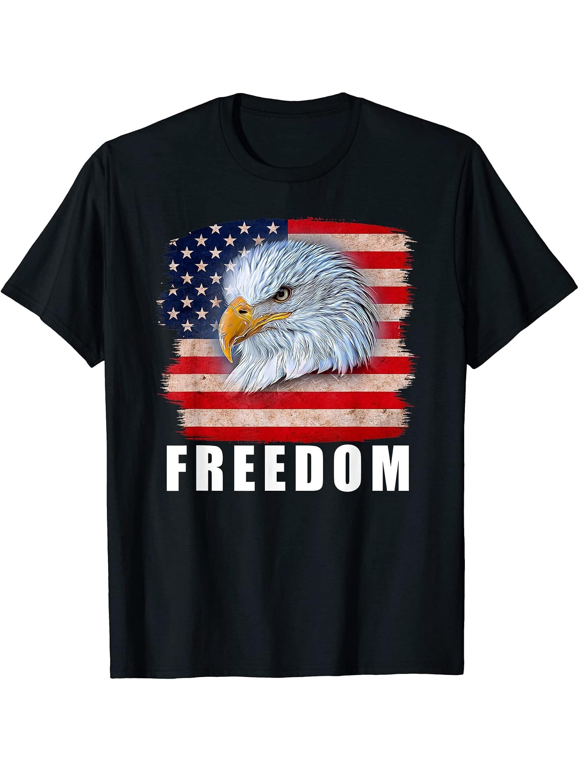 Freedom Bald Eagle Vintage US Flag Patriotic T-Shirt 180G 100% Cotton Printed Round Neck Short-Sleeve T-Shirt, Gifts for Men Dad Husband Grandpa, S-XXXL, Black