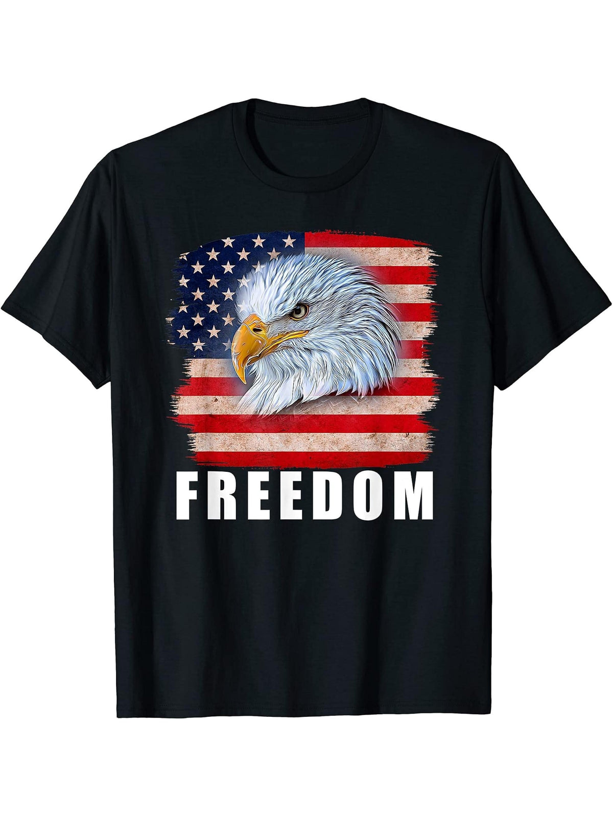 Freedom Bald Eagle Vintage US Flag Patriotic T-Shirt 180G 100% Cotton Printed Round Neck Short-Sleeve T-Shirt, Gifts for Men Dad Husband Grandpa, S-XXXL, Black