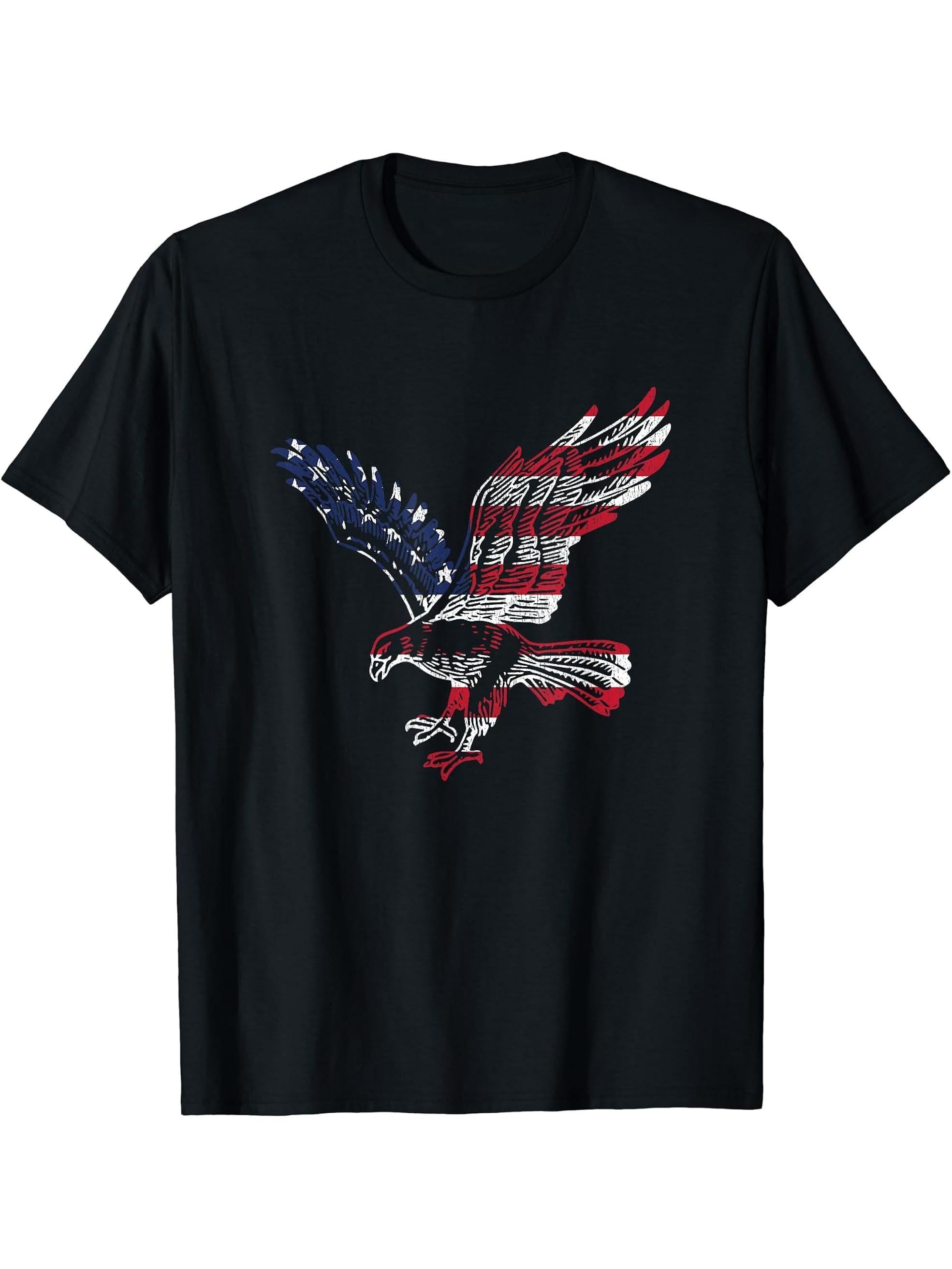 Flying Bald Eagle American 4th of July USA T-Shirt 180G 100% Cotton Printed Round Neck Short-Sleeve T-Shirt, Gifts for Men Dad Husband Grandpa, S-XXXL, Black