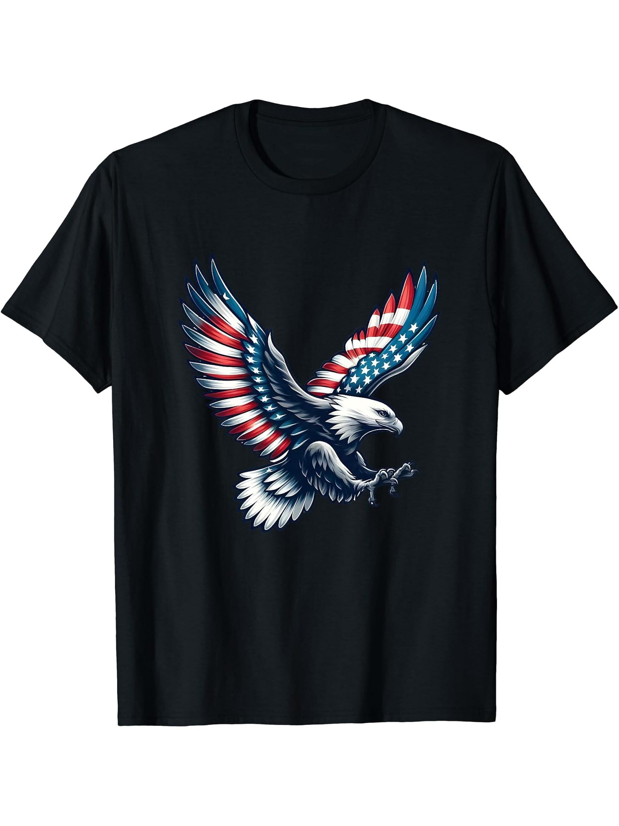 Bald Eagle American Flag 4th Of July T-Shirt 180G 100% Cotton Printed Round Neck Short-Sleeve T-Shirt, Gifts for Men Dad Husband Grandpa, S-XXXL, Black