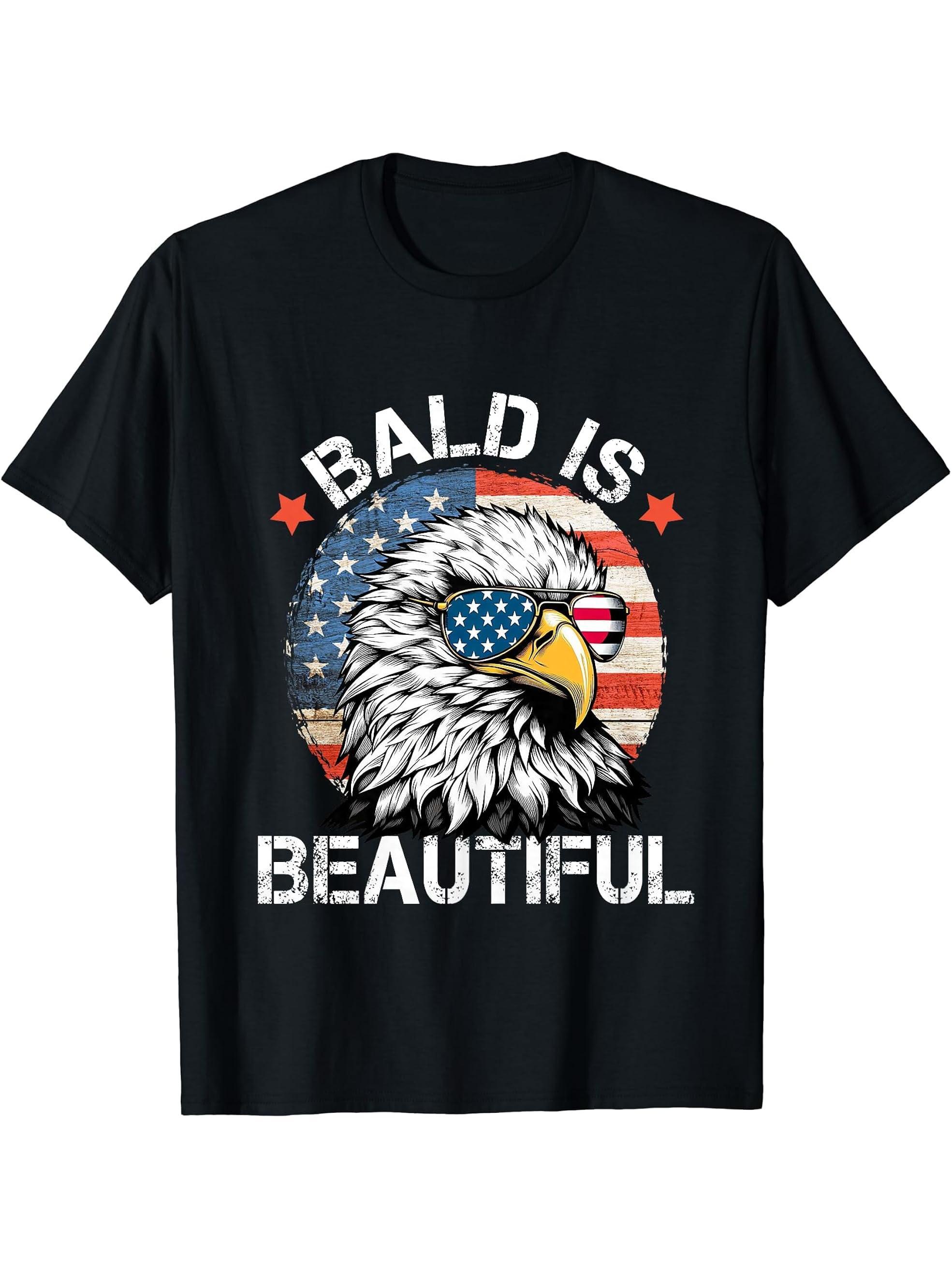 Bald Is Beautiful 4th of July Independence Day Bald Eagle T-Shirt 180G 100% Cotton Printed Round Neck Short-Sleeve T-Shirt, Gifts for Men Dad Husband Grandpa, S-XXXL, Black