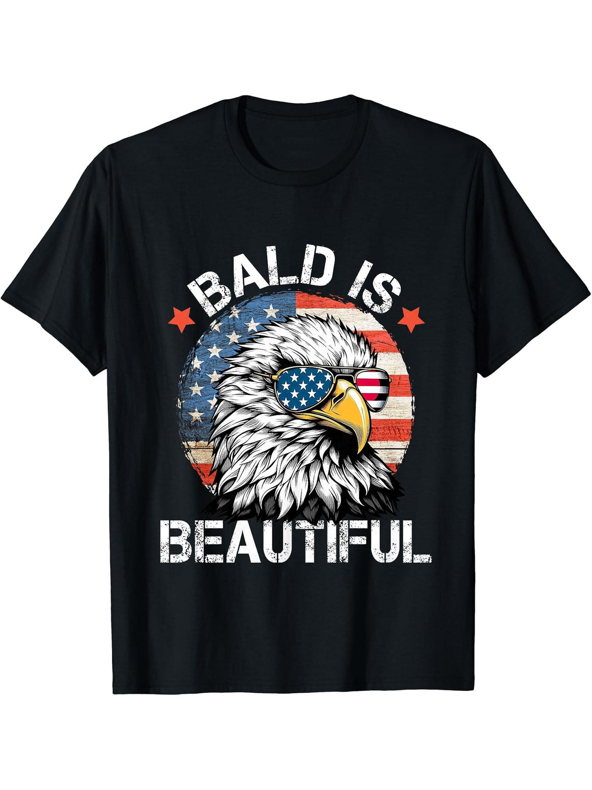 Bald Is Beautiful 4th of July Independence Day Bald Eagle T-Shirt 180G 100% Cotton Printed Round Neck Short-Sleeve T-Shirt, Gifts for Men Dad Husband Grandpa, S-XXXL, Black