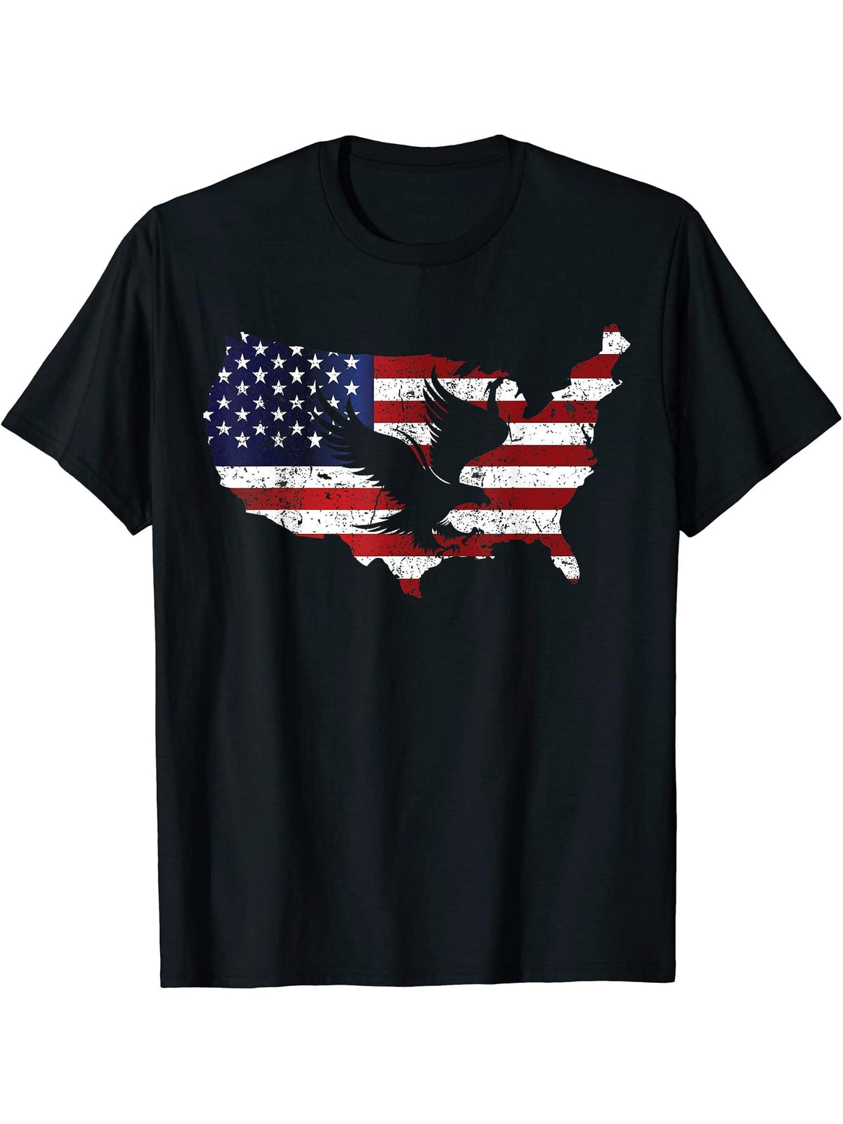 4th July Patriotic American Bald Eagle Lover Flag Map T-Shirt 180G 100% Cotton Printed Round Neck Short-Sleeve T-Shirt, Gifts for Men Dad Husband Grandpa, S-XXXL, Black