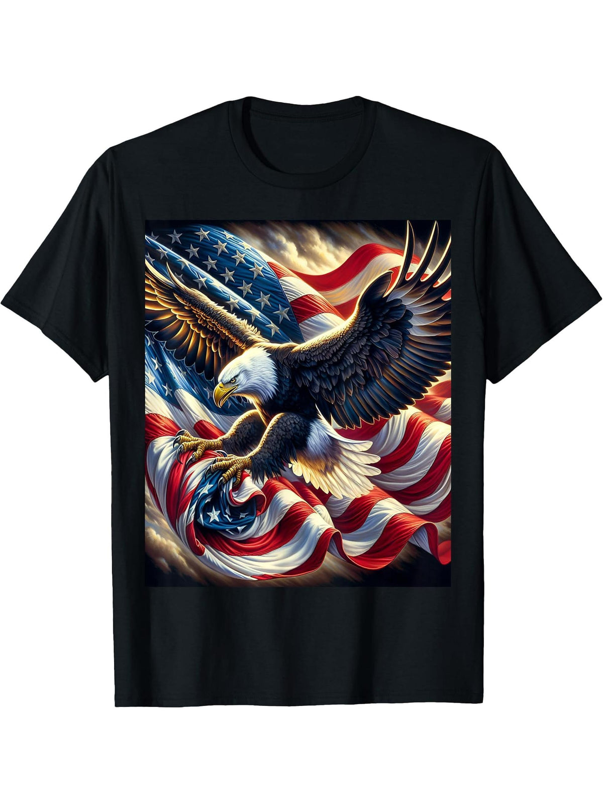 Bald Eagle Clutching American Flag T-Shirt 180G 100% Cotton Printed Round Neck Short-Sleeve T-Shirt, Gifts for Men Dad Husband Grandpa, S-XXXL, Black