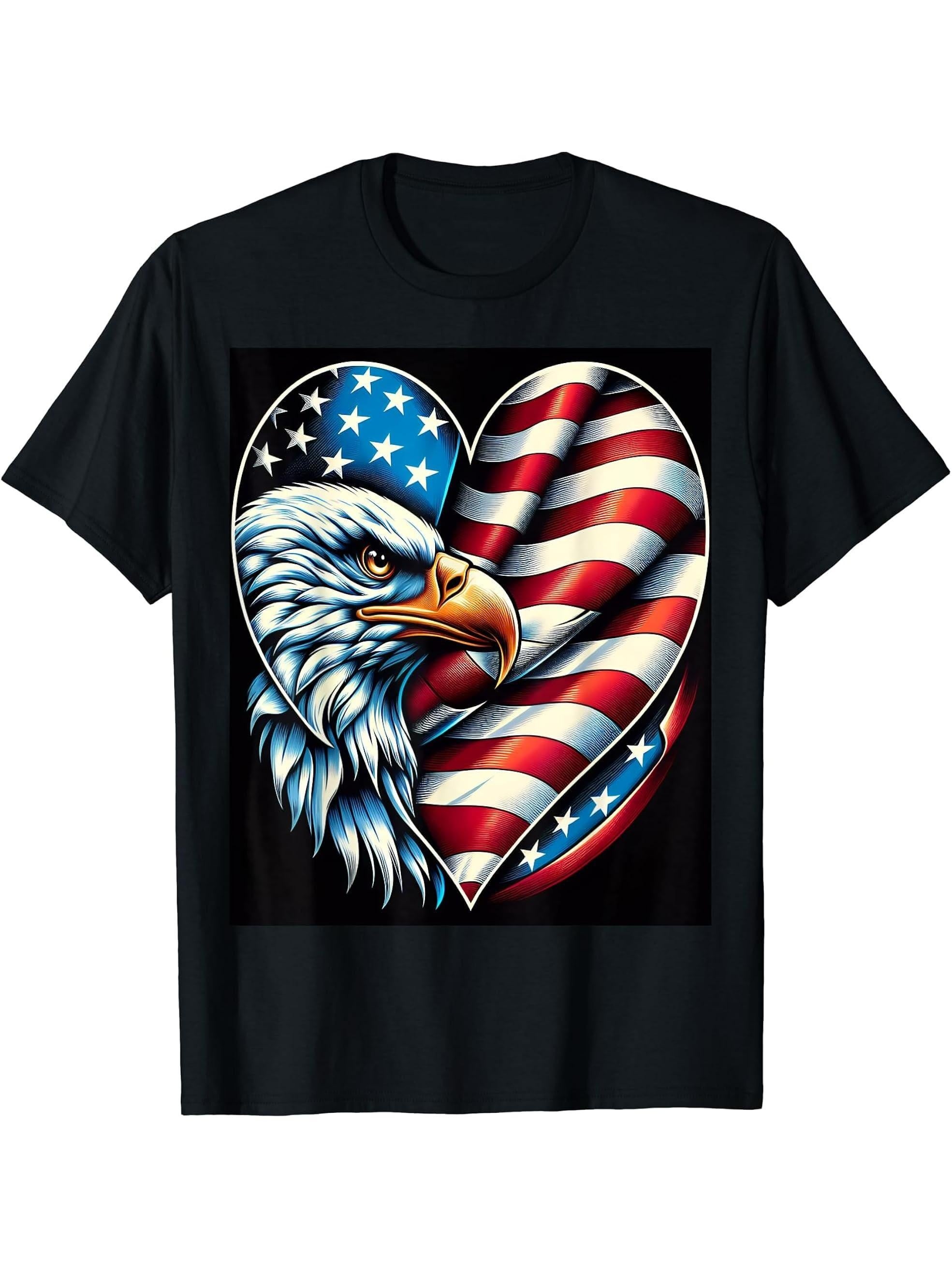 Bald Eagle And Flag Heart Shape T-Shirt 180G 100% Cotton Printed Round Neck Short-Sleeve T-Shirt, Gifts for Men Dad Husband Grandpa, S-XXXL, Black