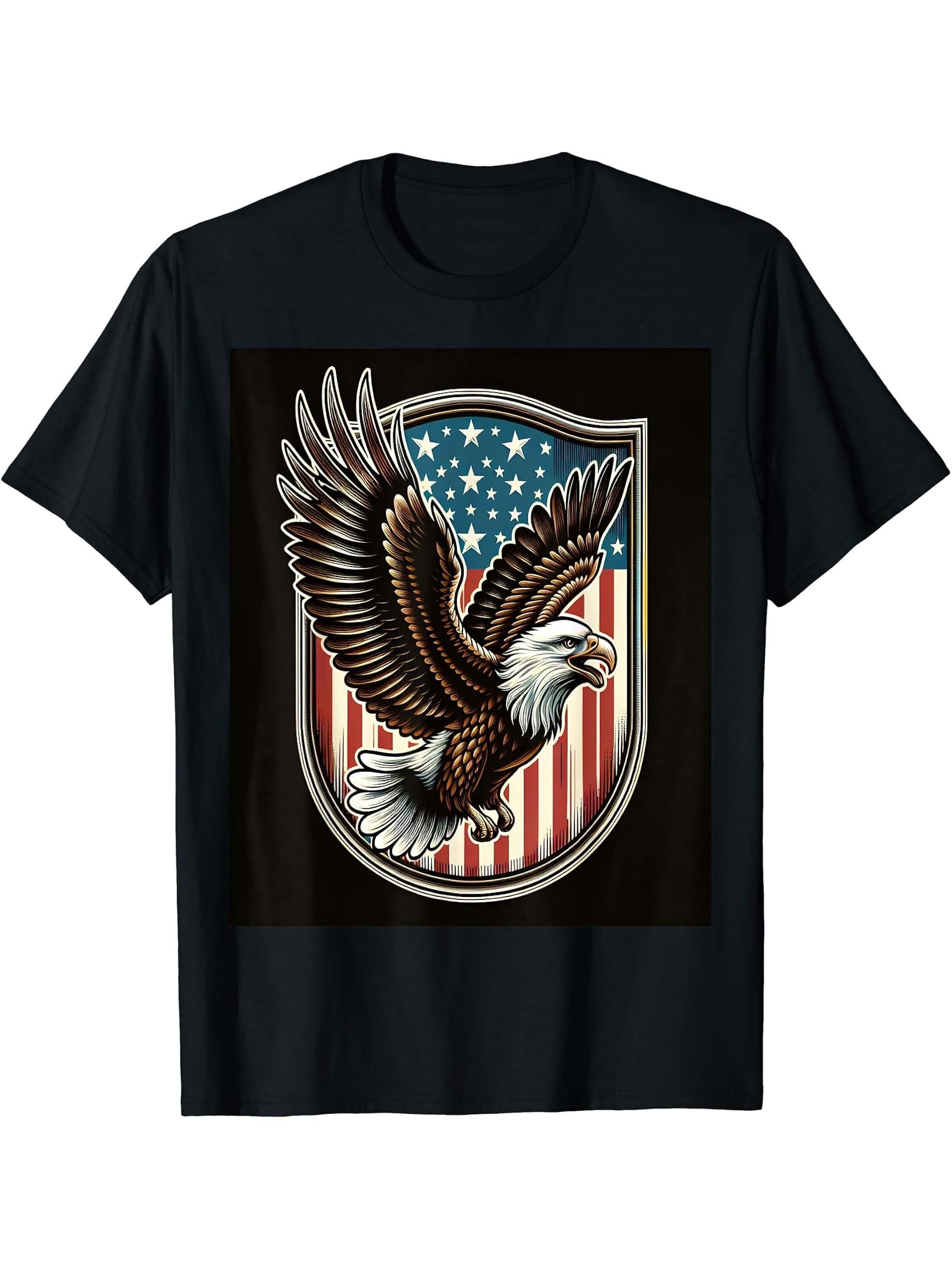 Bald Eagle American Flag Shield T-Shirt 180G 100% Cotton Printed Round Neck Short-Sleeve T-Shirt, Gifts for Men Dad Husband Grandpa, S-XXXL, Black