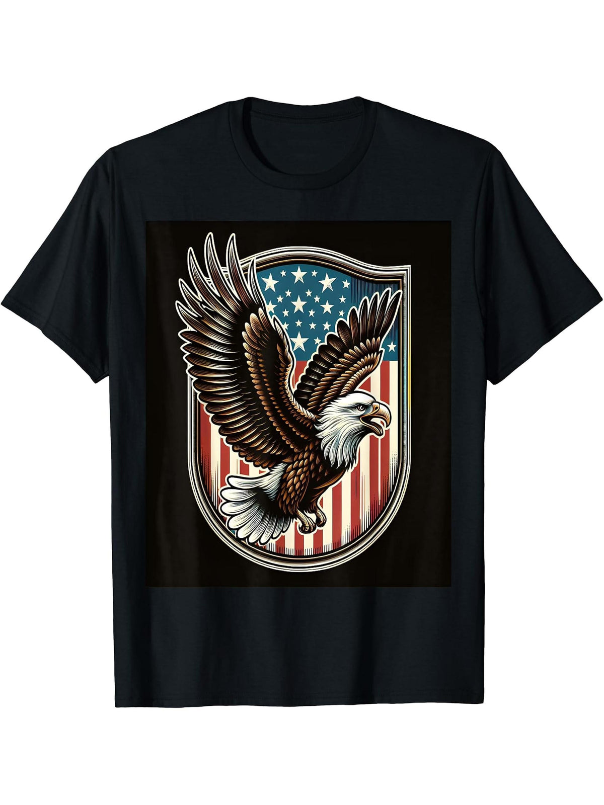 Bald Eagle American Flag Shield T-Shirt 180G 100% Cotton Printed Round Neck Short-Sleeve T-Shirt, Gifts for Men Dad Husband Grandpa, S-XXXL, Black