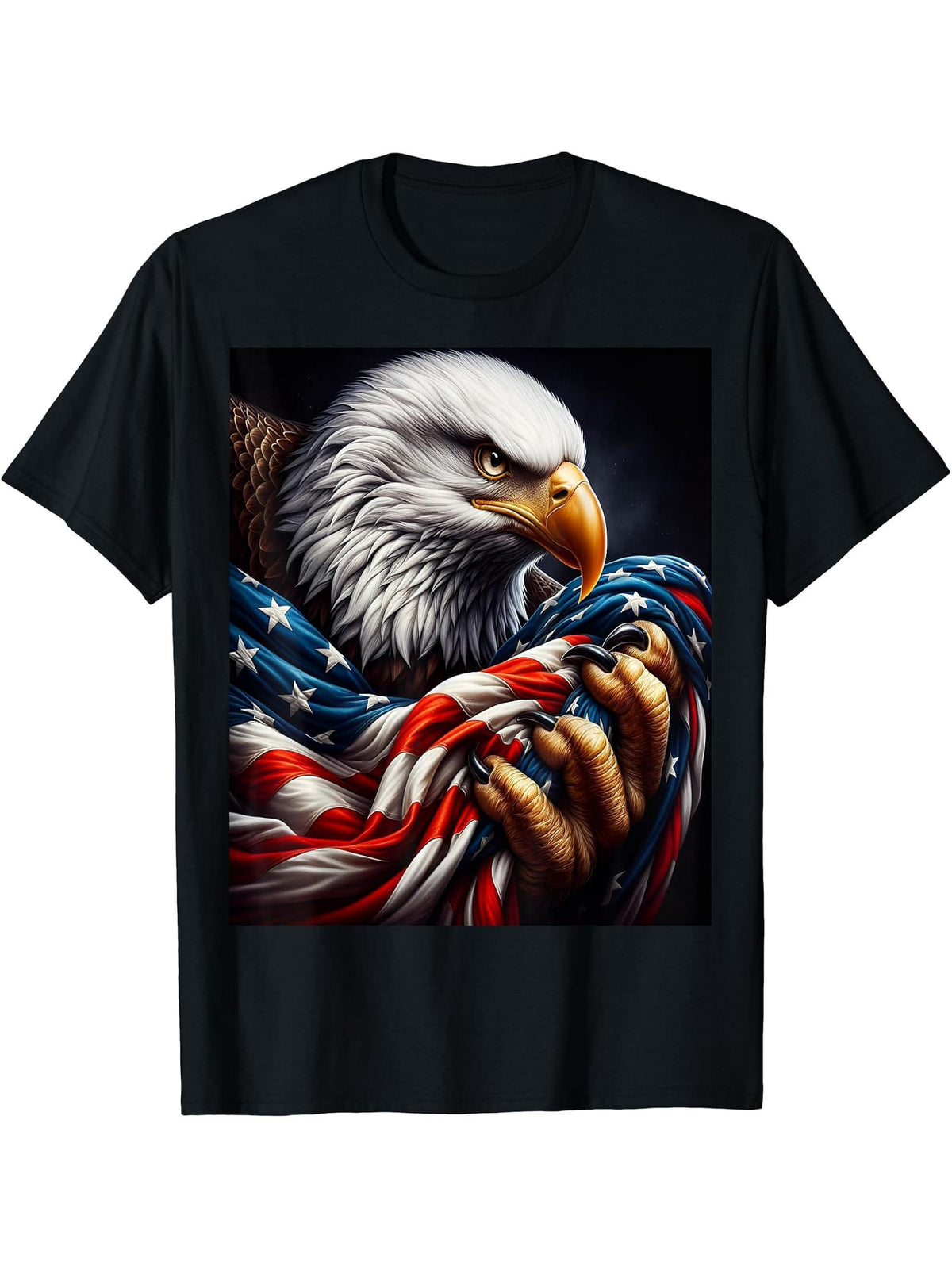 Bald Eagle Clutching American Flag T-Shirt 180G 100% Cotton Printed Round Neck Short-Sleeve T-Shirt, Gifts for Men Dad Husband Grandpa, S-XXXL, Black