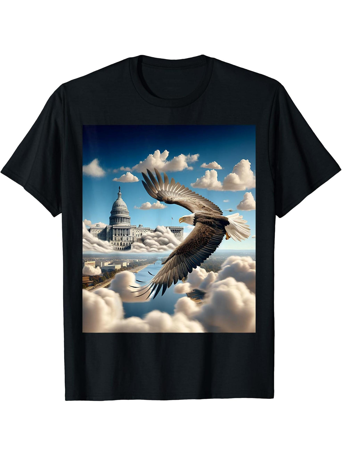 Bald Eagle With Capitol Background T-Shirt 180G 100% Cotton Printed Round Neck Short-Sleeve T-Shirt, Gifts for Men Dad Husband Grandpa, S-XXXL, Black