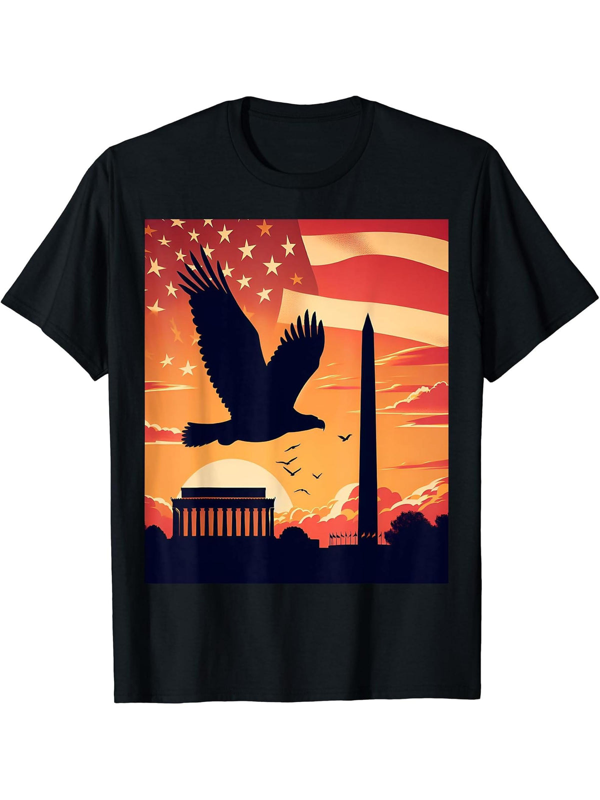 Bald Eagle Over National Monument T-Shirt 180G 100% Cotton Printed Round Neck Short-Sleeve T-Shirt, Gifts for Men Dad Husband Grandpa, S-XXXL, Black