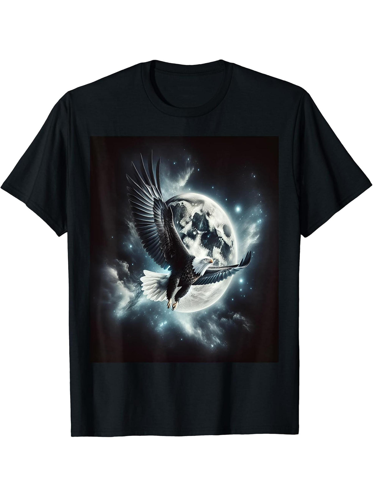 Bald Eagle In Space T-Shirt 180G 100% Cotton Printed Round Neck Short-Sleeve T-Shirt, Gifts for Men Dad Husband Grandpa, S-XXXL, Black