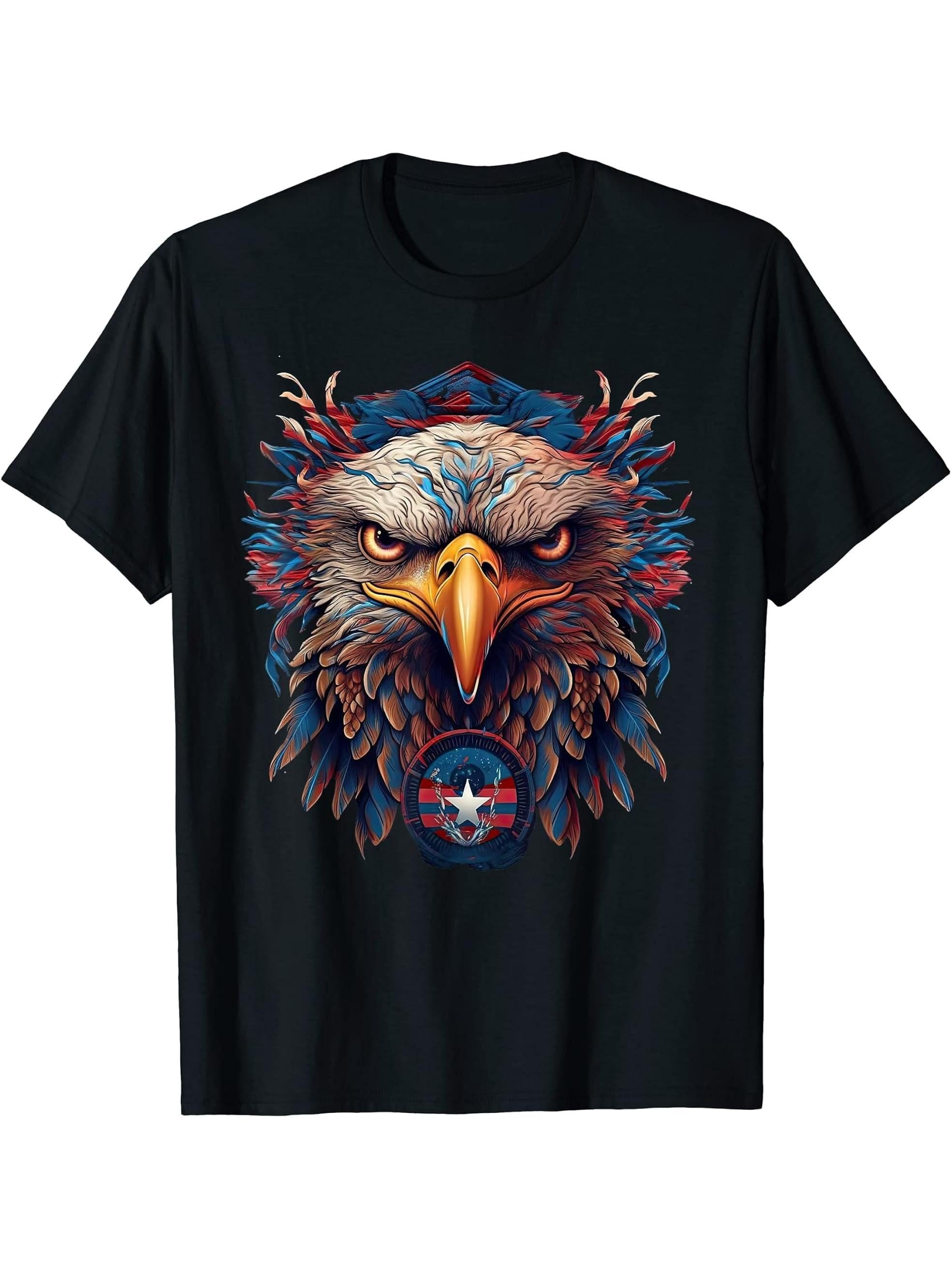 American Flag Patriotic Bald Eagle 4th Of July Men USA T-Shirt 180G 100% Cotton Printed Round Neck Short-Sleeve T-Shirt, Gifts for Men Dad Husband Grandpa, S-XXXL, Black