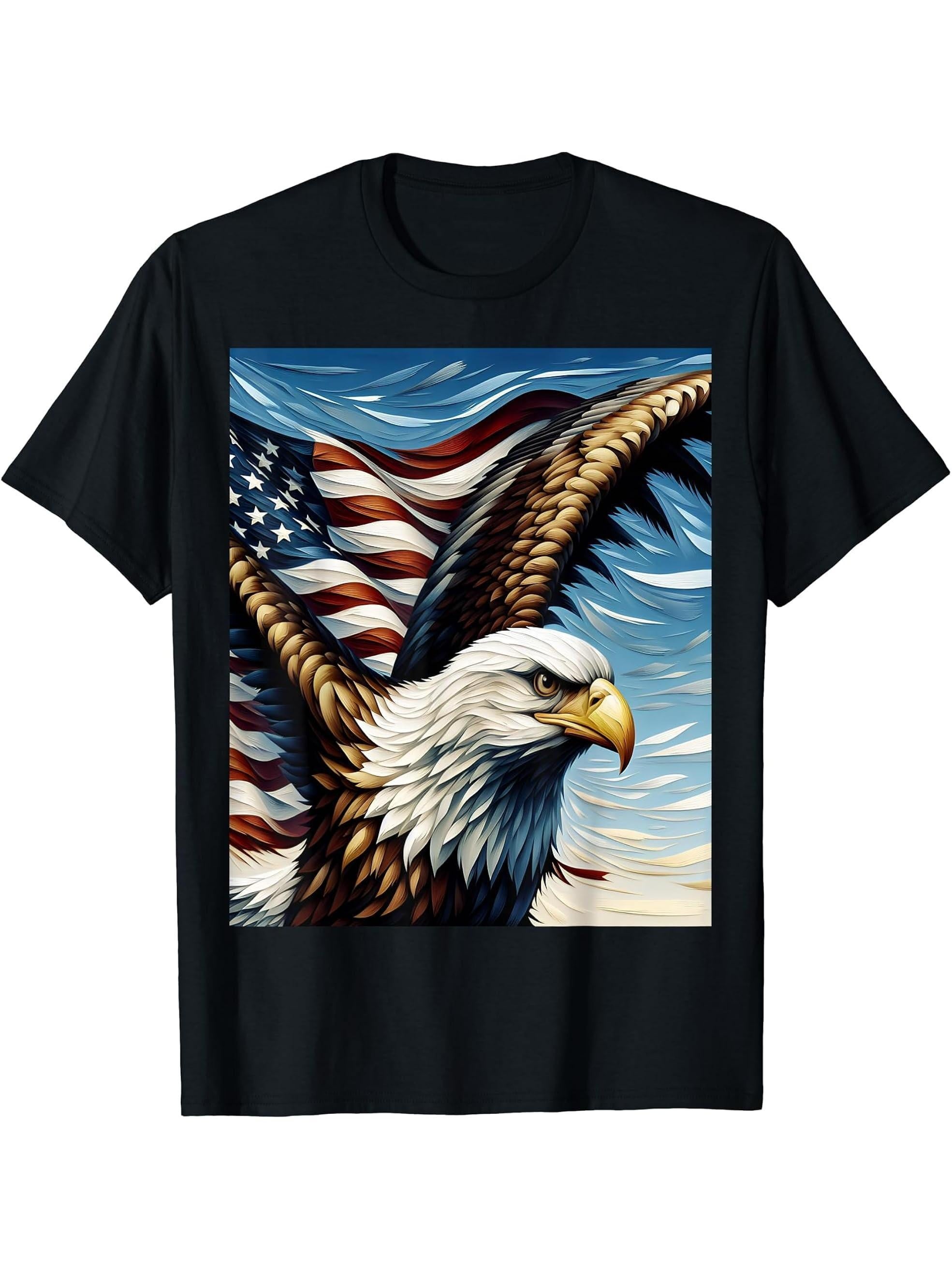 Bald Eagle Patriot T-Shirt 180G 100% Cotton Printed Round Neck Short-Sleeve T-Shirt, Gifts for Men Dad Husband Grandpa, S-XXXL, Black