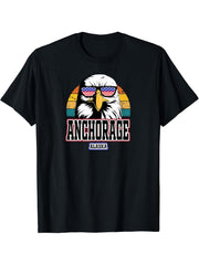 Anchorage Alaska USA American Flag Men Women Boy Girl Bald Eagle T-Shirt 180G 100% Cotton Printed Round Neck Short-Sleeve T-Shirt, Gifts for Men Dad Husband Grandpa, S-XXXL, Black