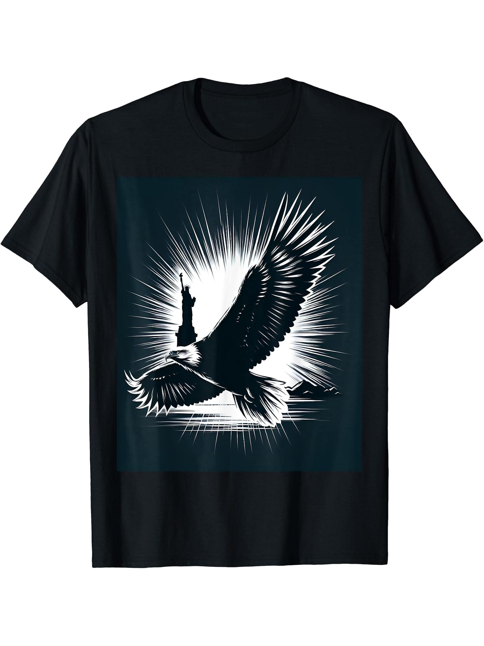 Bald Eagle And Statue Of Liberty T-Shirt 180G 100% Cotton Printed Round Neck Short-Sleeve T-Shirt, Gifts for Men Dad Husband Grandpa, S-XXXL, Black