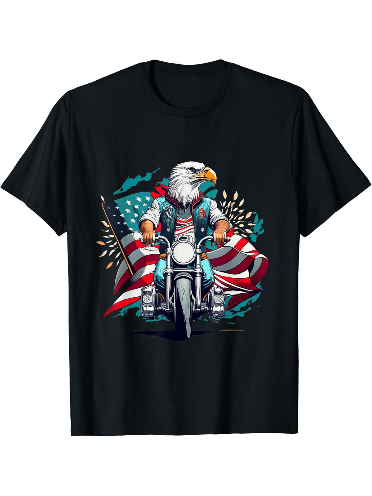 Cool America Bald Eagle as Biker Riding Motorcycle Funny T-Shirt 180G 100% Cotton Printed Round Neck Short-Sleeve T-Shirt, Gifts for Men Dad Husband Grandpa, S-XXXL, Black