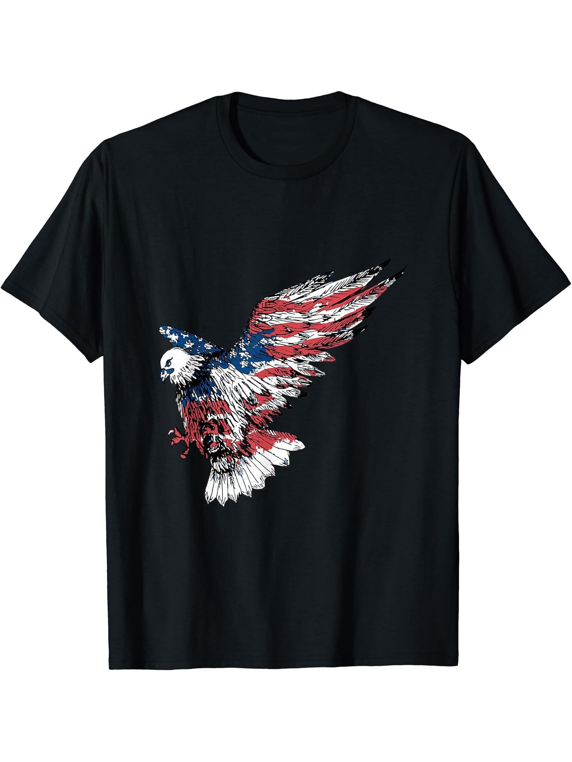 American Bald Eagle with Flag T-Shirt 180G 100% Cotton Printed Round Neck Short-Sleeve T-Shirt, Gifts for Men Dad Husband Grandpa, S-XXXL, Black