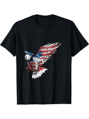 American Bald Eagle with Flag T-Shirt 180G 100% Cotton Printed Round Neck Short-Sleeve T-Shirt, Gifts for Men Dad Husband Grandpa, S-XXXL, Black