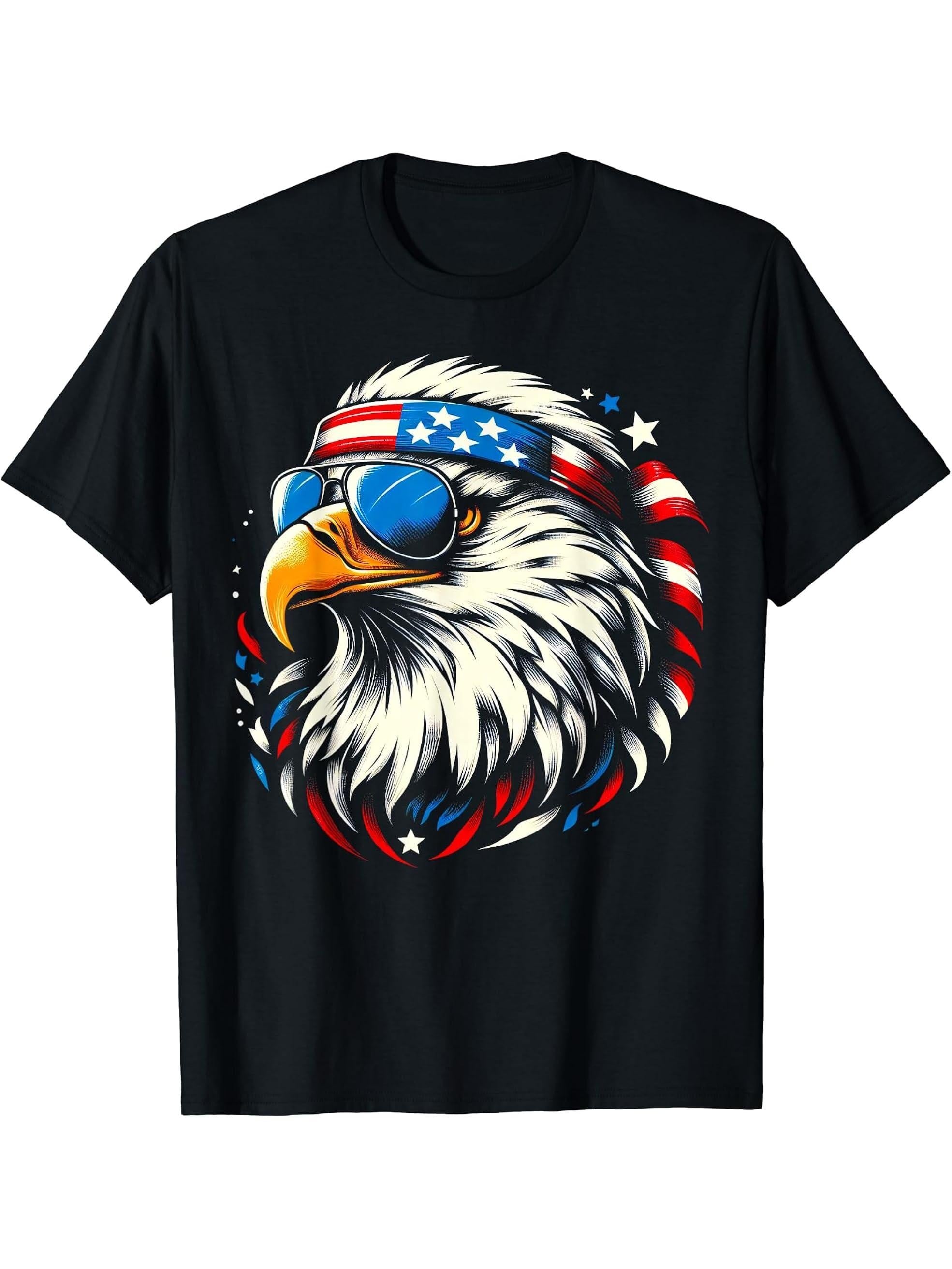 Bald Eagle Patriotic American Sunglasses Flag 4th Of July T-Shirt 180G 100% Cotton Printed Round Neck Short-Sleeve T-Shirt, Gifts for Men Dad Husband Grandpa, S-XXXL, Black