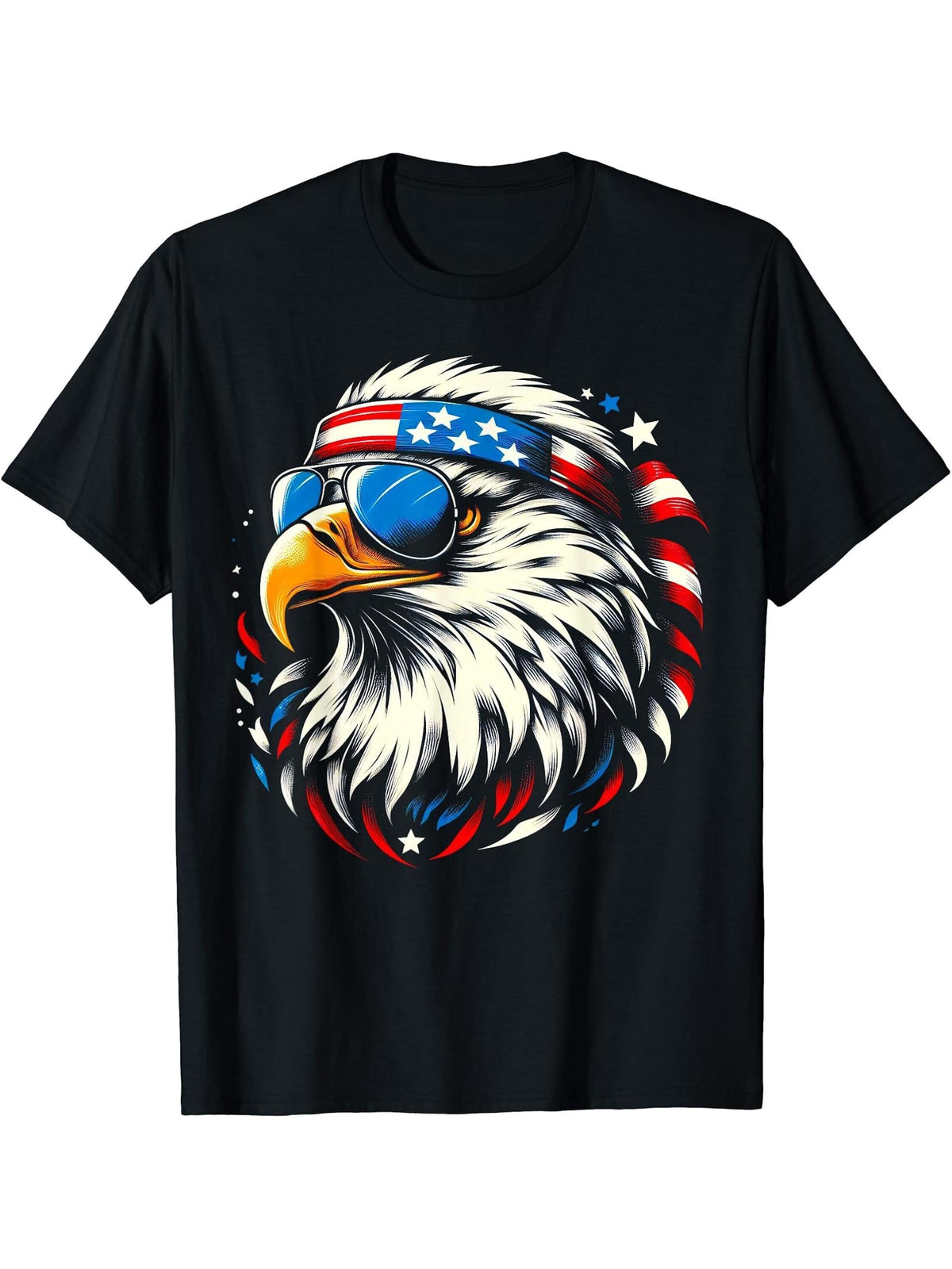 Bald Eagle Patriotic American Sunglasses Flag 4th Of July T-Shirt 180G 100% Cotton Printed Round Neck Short-Sleeve T-Shirt, Gifts for Men Dad Husband Grandpa, S-XXXL, Black