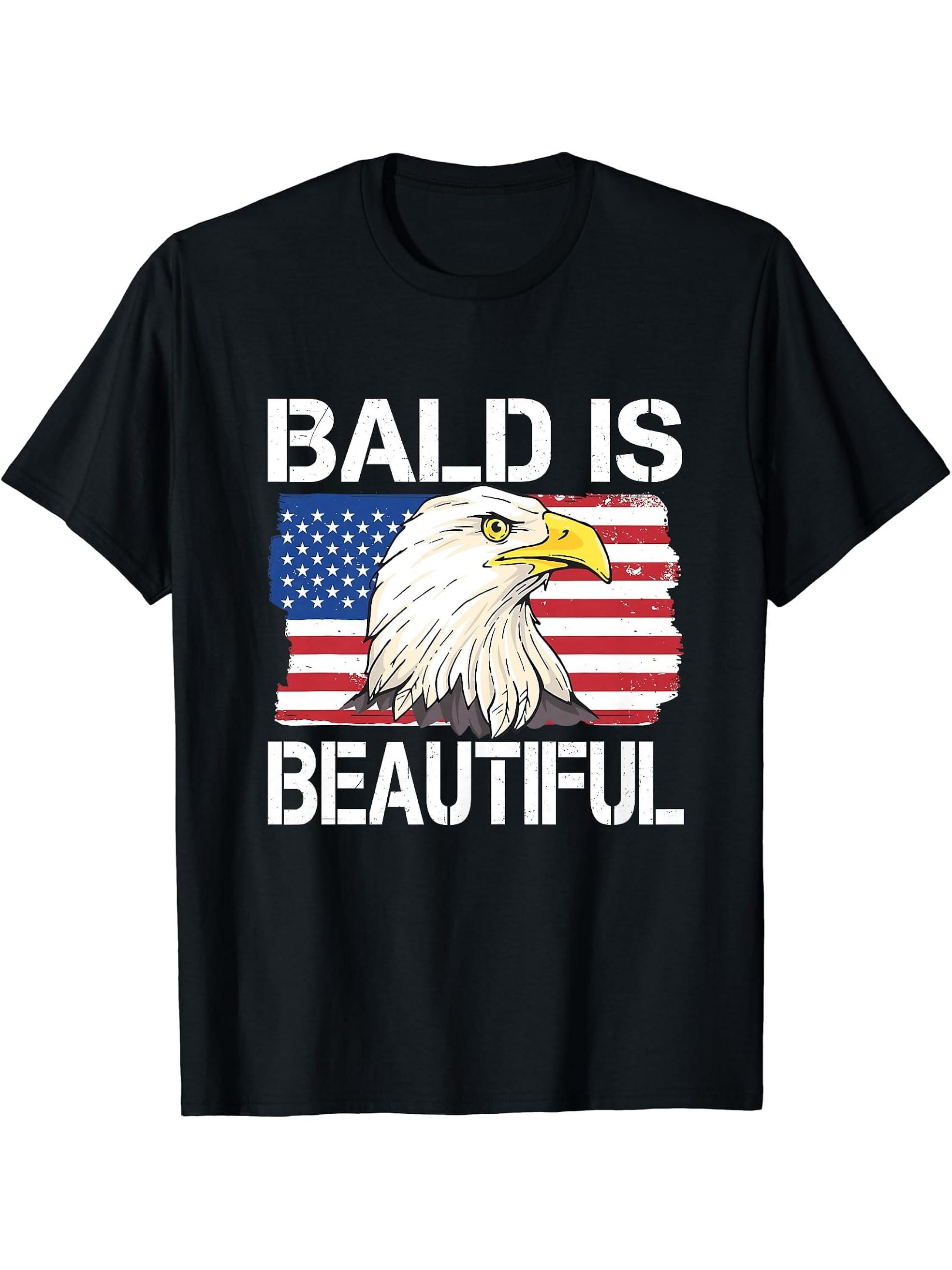 Bald Is Beautiful 4th of July Funny Bald Eagle American Flag T-Shirt 180G 100% Cotton Printed Round Neck Short-Sleeve T-Shirt, Gifts for Men Dad Husband Grandpa, S-XXXL, Black