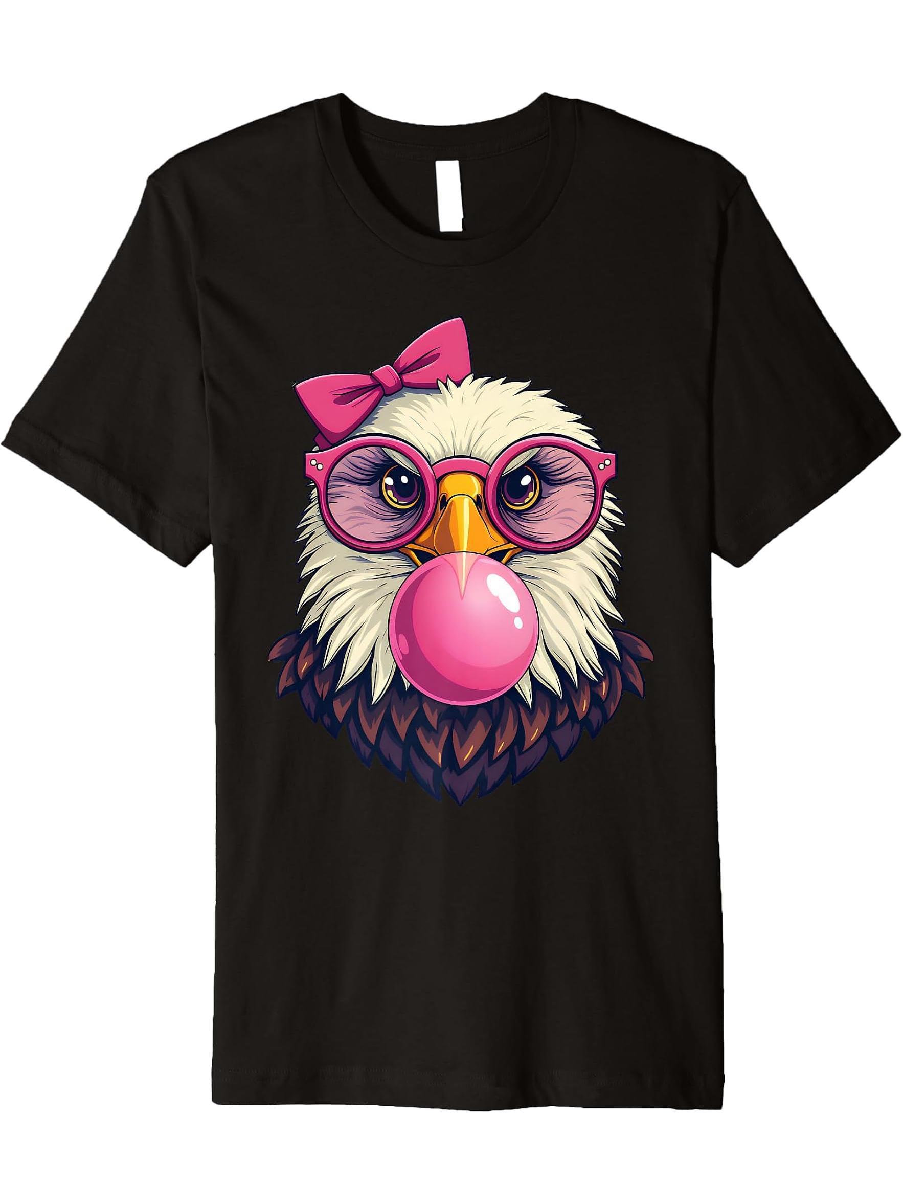 Cute Girl Bald Eagle Glasses Pink Bow Bubble Gum Eagle Lover Premium T-Shirt 180G 100% Cotton Printed Round Neck Short-Sleeve T-Shirt, Gifts for Men Dad Husband Grandpa, S-XXXL, Black