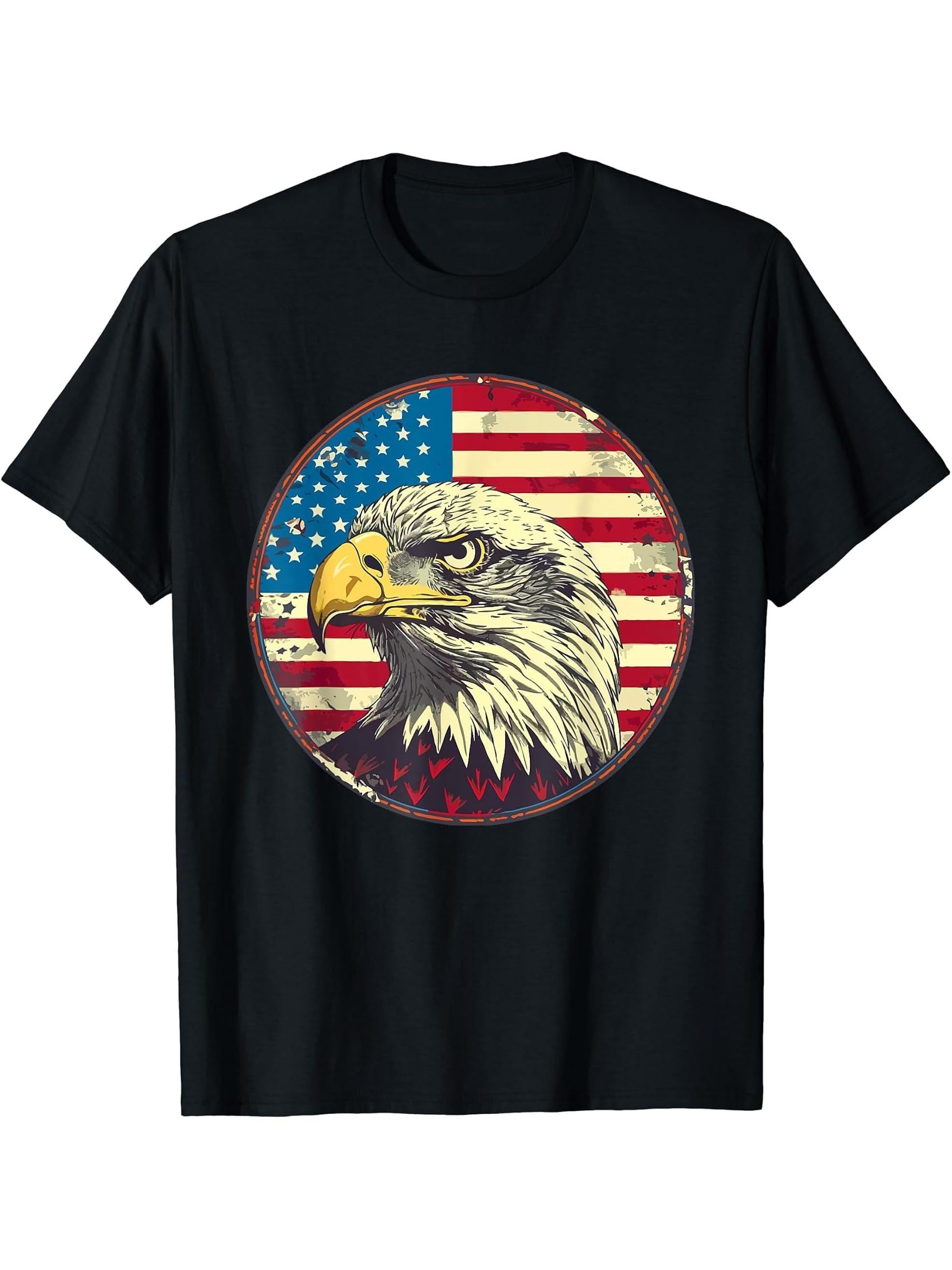 Funny Bald Eagle 4th of July & American Flag Lover Design T-Shirt 180G 100% Cotton Printed Round Neck Short-Sleeve T-Shirt, Gifts for Men Dad Husband Grandpa, S-XXXL, Black