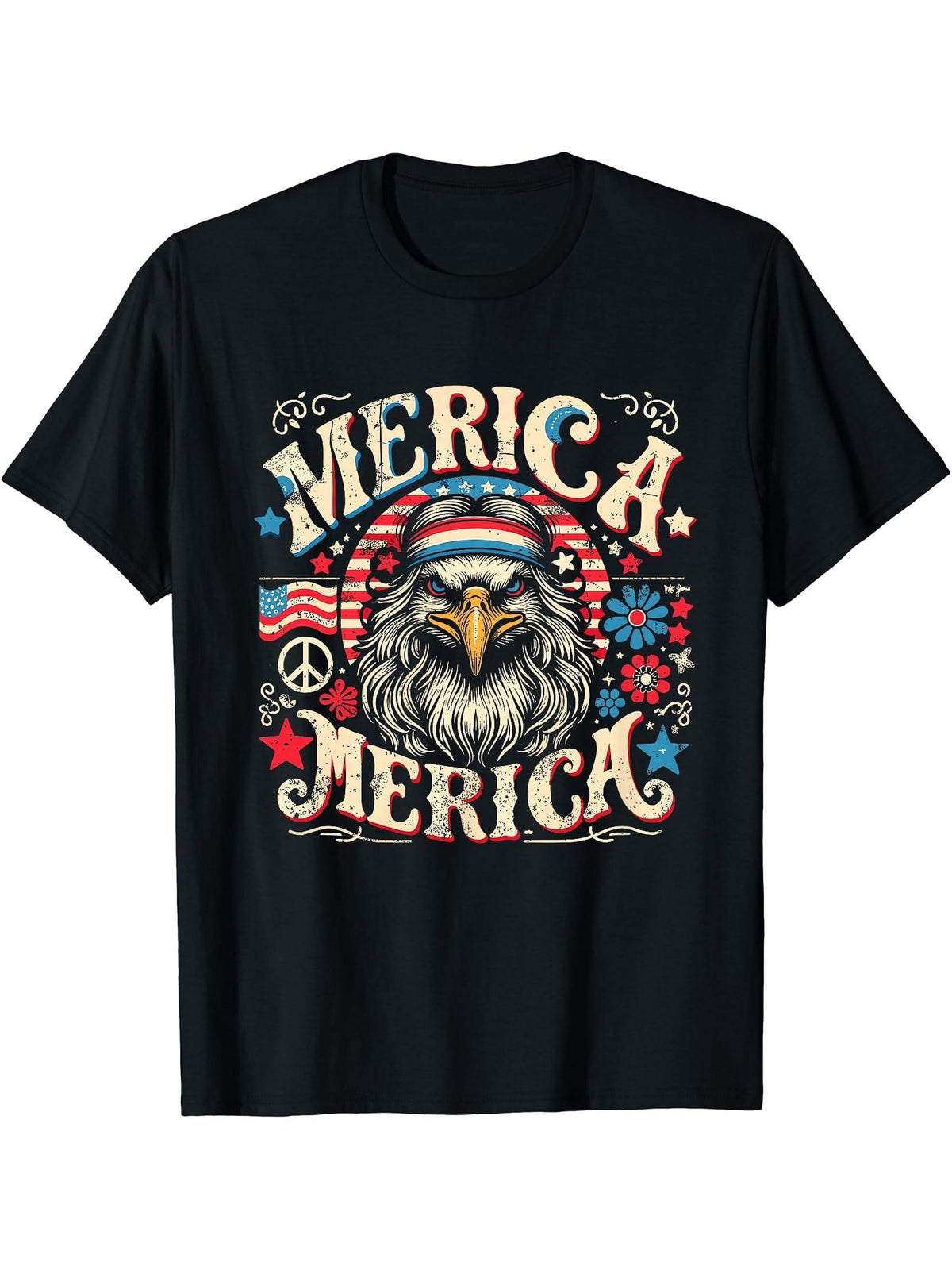 Hippie Bald Eagle Mullet July 4th US Flag Groovy Merica T-Shirt 180G 100% Cotton Printed Round Neck Short-Sleeve T-Shirt, Gifts for Men Dad Husband Grandpa, S-XXXL, Black