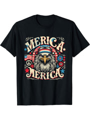 Hippie Bald Eagle Mullet July 4th US Flag Groovy Merica T-Shirt 180G 100% Cotton Printed Round Neck Short-Sleeve T-Shirt, Gifts for Men Dad Husband Grandpa, S-XXXL, Black