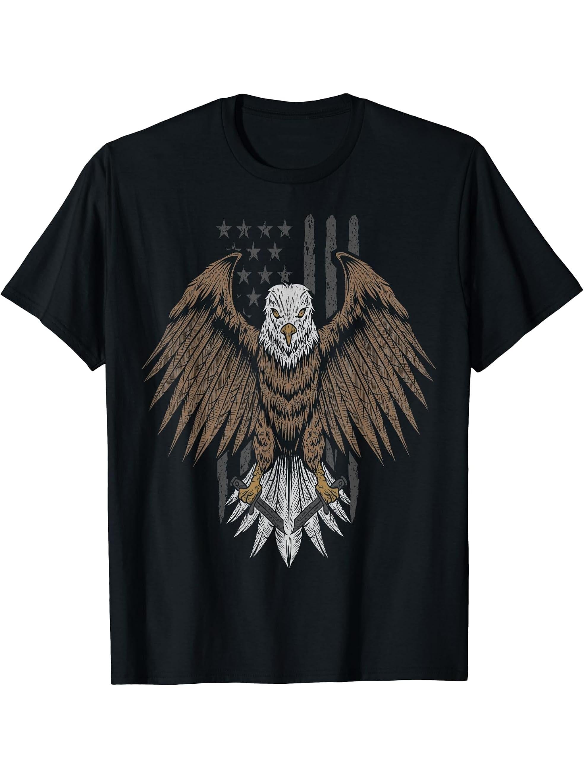 Bald Eagle USA Flag T-Shirt 180G 100% Cotton Printed Round Neck Short-Sleeve T-Shirt, Gifts for Men Dad Husband Grandpa, S-XXXL, Black
