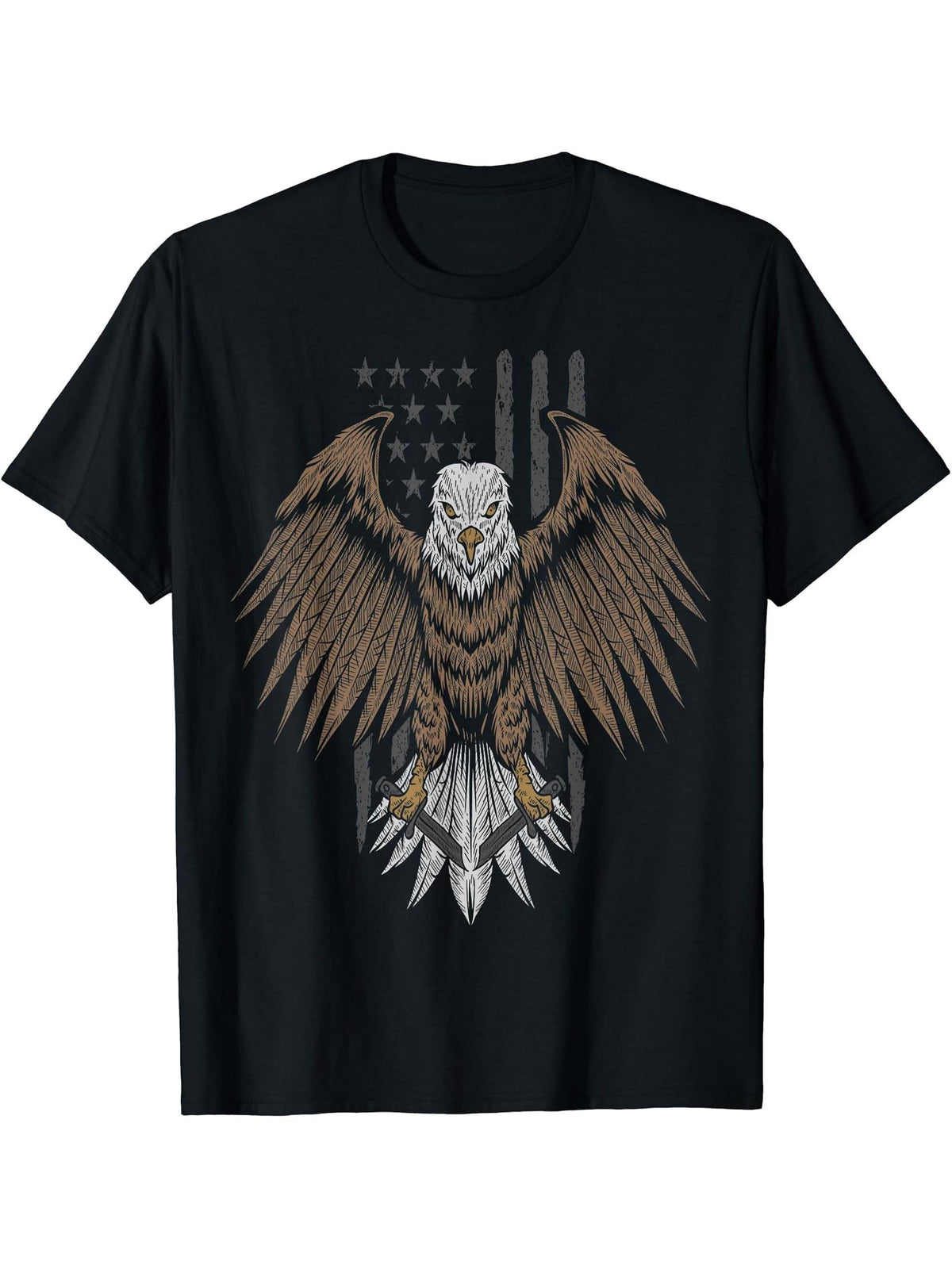 Bald Eagle USA Flag T-Shirt 180G 100% Cotton Printed Round Neck Short-Sleeve T-Shirt, Gifts for Men Dad Husband Grandpa, S-XXXL, Black
