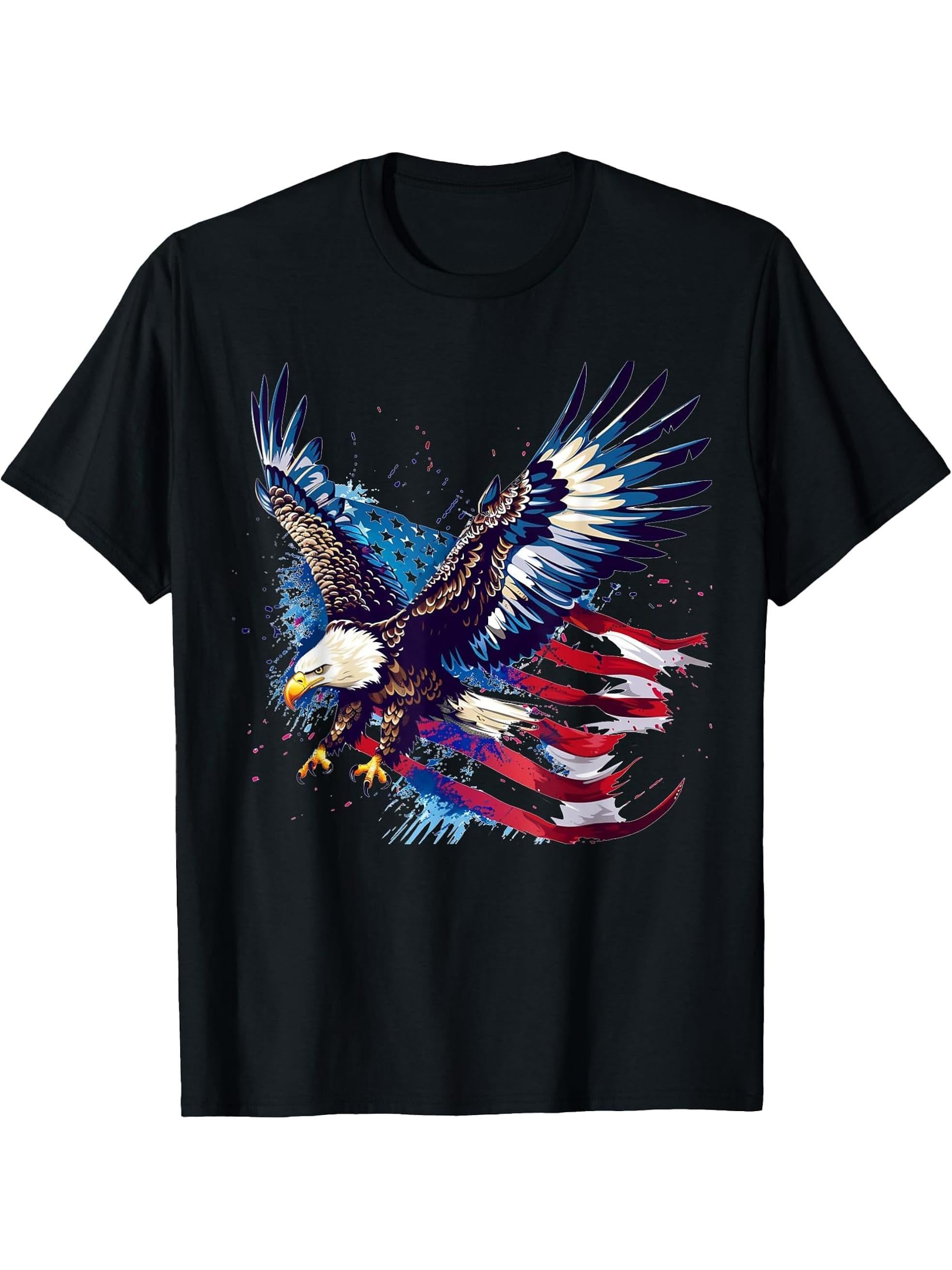 Bald Eagle with Distressed American Flag T-Shirt 180G 100% Cotton Printed Round Neck Short-Sleeve T-Shirt, Gifts for Men Dad Husband Grandpa, S-XXXL, Black