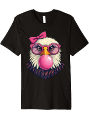 Cute Girl Bald Eagle Glasses Pink Bow Bubble Gum Eagle Lover Premium T-Shirt 180G 100% Cotton Printed Round Neck Short-Sleeve T-Shirt, Gifts for Men Dad Husband Grandpa, S-XXXL, Black