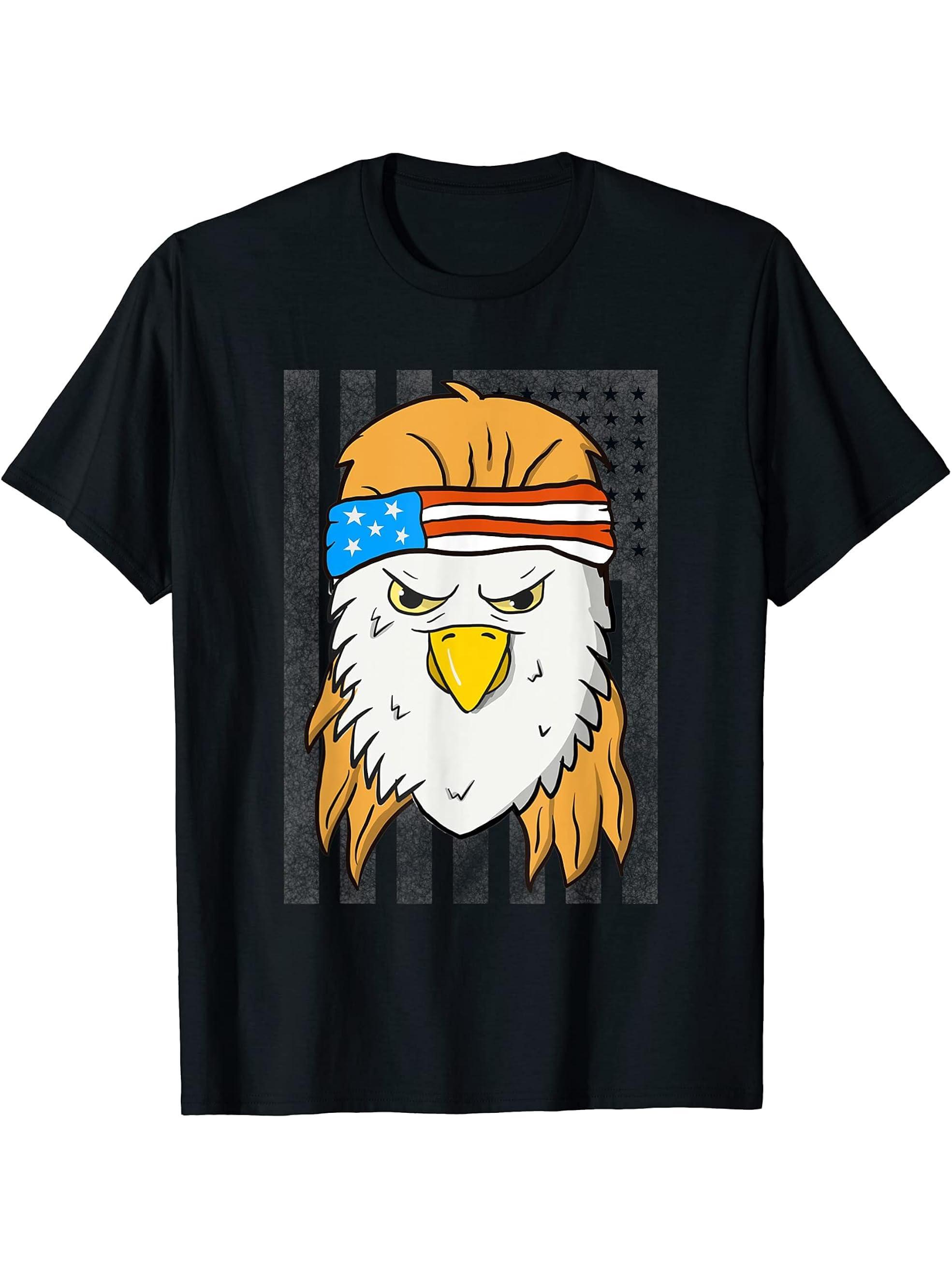 Funny Mullet Merica Bald Eagle 4th of July American Flag T-Shirt 180G 100% Cotton Printed Round Neck Short-Sleeve T-Shirt, Gifts for Men Dad Husband Grandpa, S-XXXL, Black