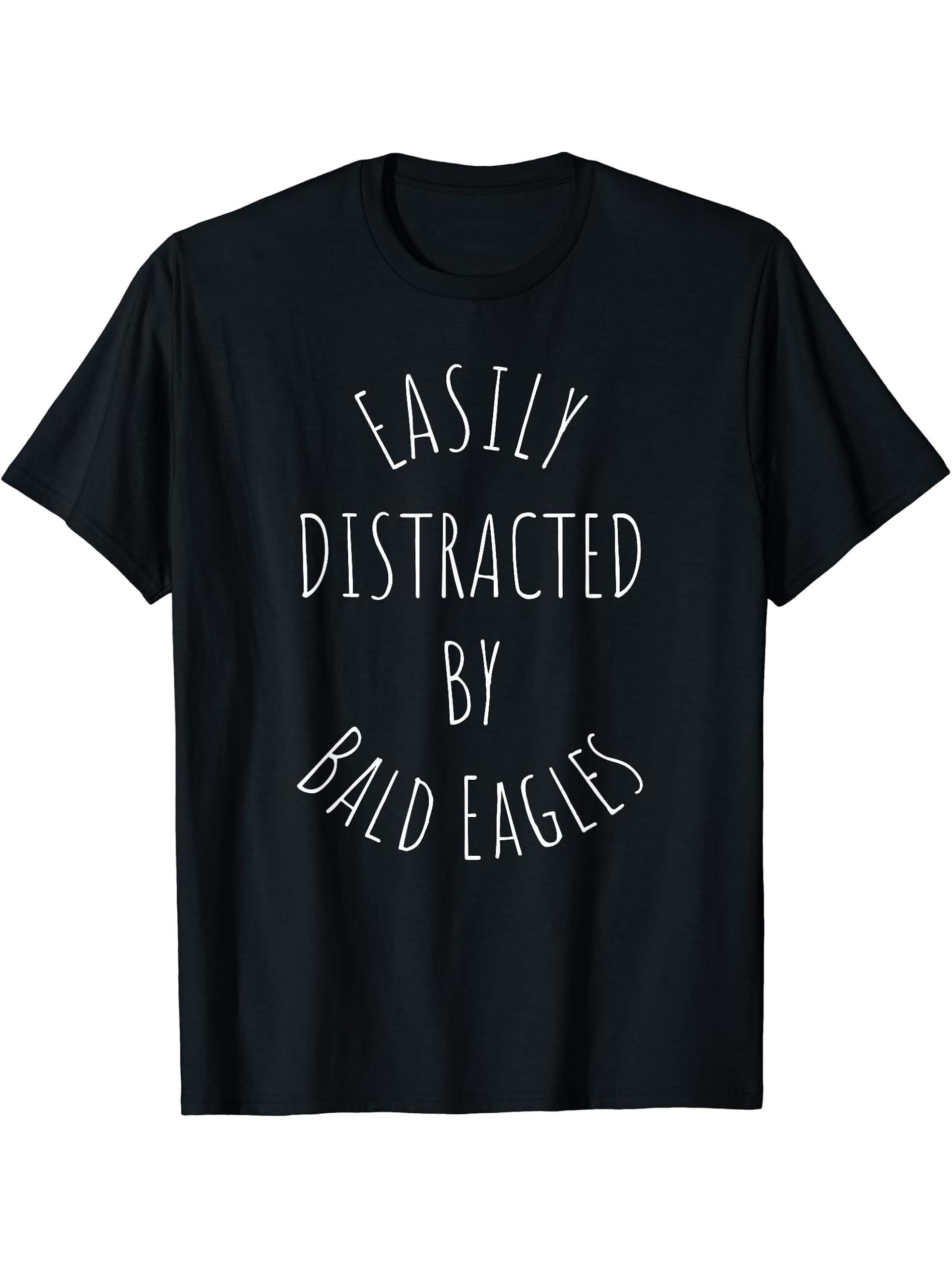 Easily Distracted By Bald Eagles T-Shirt 180G 100% Cotton Printed Round Neck Short-Sleeve T-Shirt, Gifts for Men Dad Husband Grandpa, S-XXXL, Black