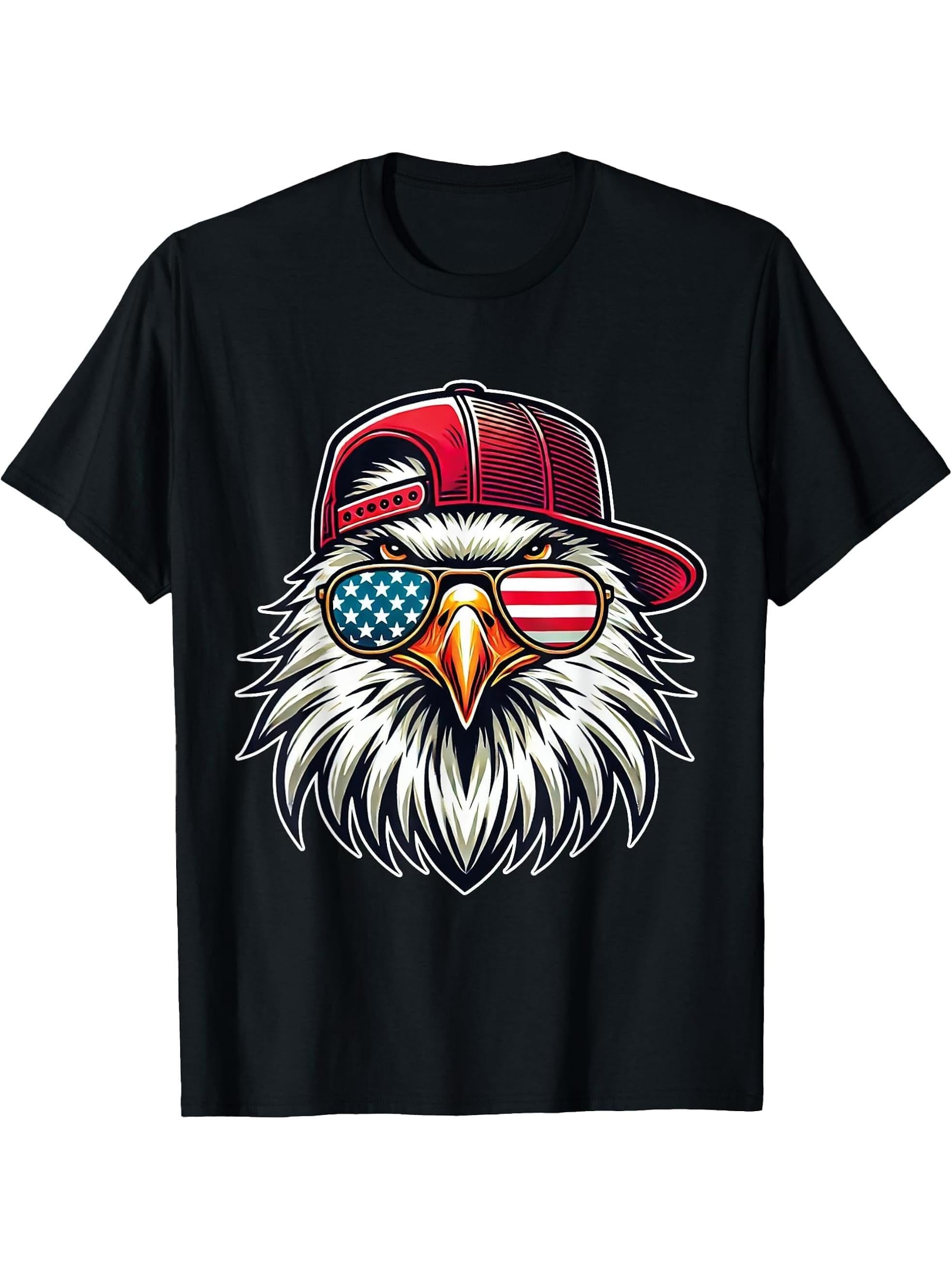 America US Flag Cool Bald Eagle USA T-Shirt 180G 100% Cotton Printed Round Neck Short-Sleeve T-Shirt, Gifts for Men Dad Husband Grandpa, S-XXXL, Black