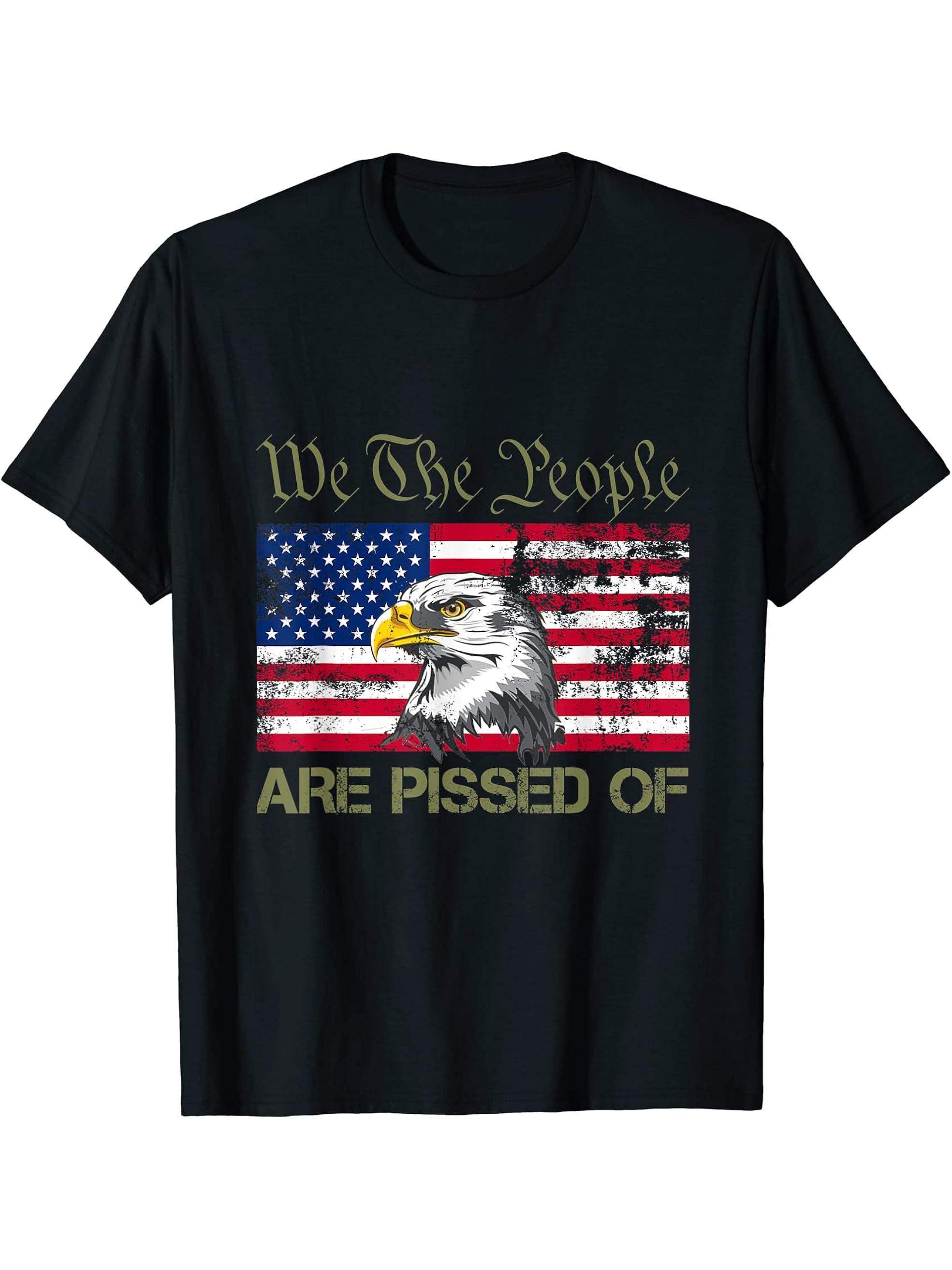 American Flag Bald Eagle We The People Are Pissed Off T-Shirt 180G 100% Cotton Printed Round Neck Short-Sleeve T-Shirt, Gifts for Men Dad Husband Grandpa, S-XXXL, Black