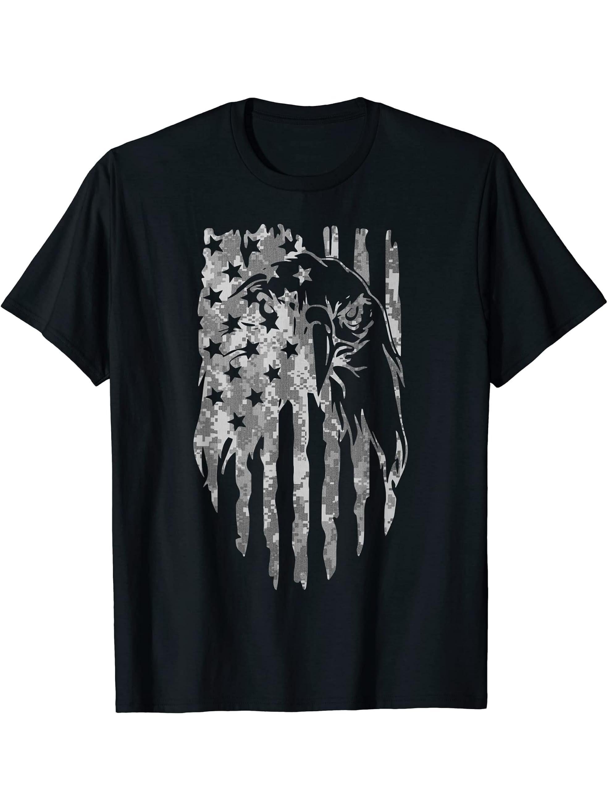 Desert Camo American Flag Bald Eagle Tactical Camouflage USA T-Shirt 180G 100% Cotton Printed Round Neck Short-Sleeve T-Shirt, Gifts for Men Dad Husband Grandpa, S-XXXL, Black