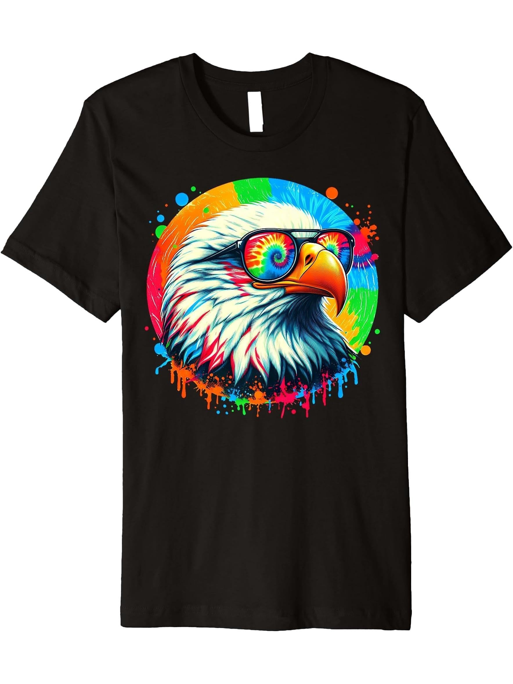 Cool Tie Dye Bald Eagle Sunglasses Bird Illustration Art Premium T-Shirt 180G 100% Cotton Printed Round Neck Short-Sleeve T-Shirt, Gifts for Men Dad Husband Grandpa, S-XXXL, Black
