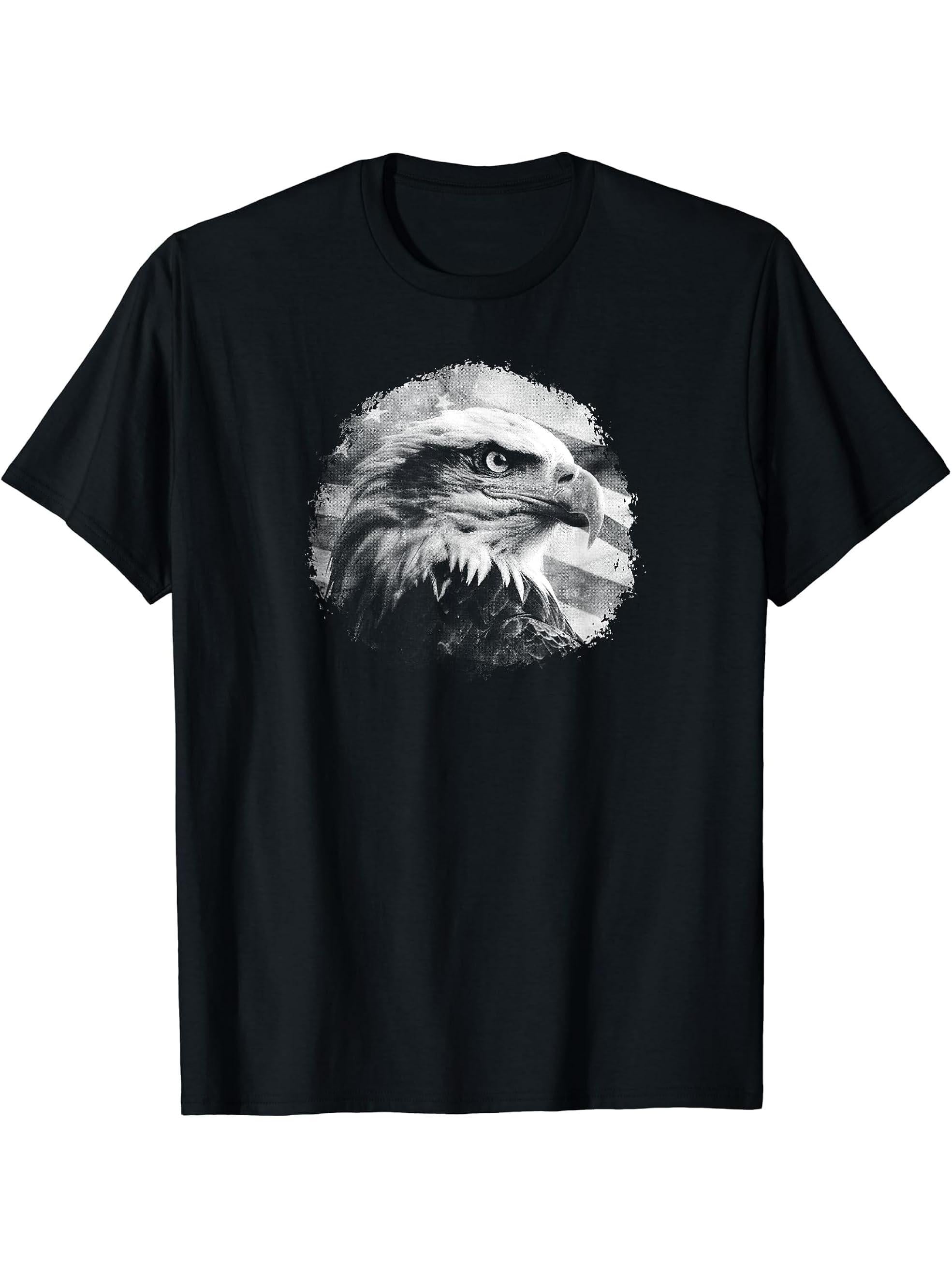 Bald Eagle American Flag Patriotic Freedom Liberty T-Shirt 180G 100% Cotton Printed Round Neck Short-Sleeve T-Shirt, Gifts for Men Dad Husband Grandpa, S-XXXL, Black