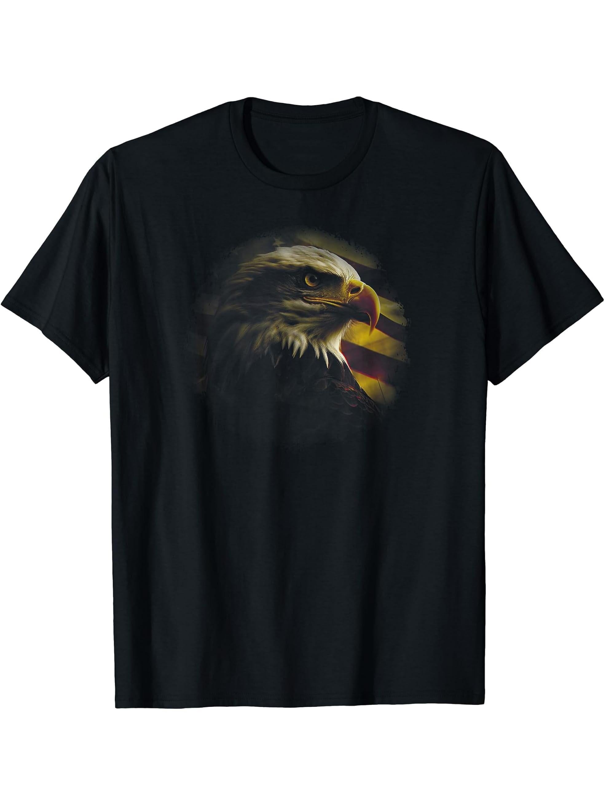 Bald Eagle American Flag Patriotic Freedom Liberty T-Shirt 180G 100% Cotton Printed Round Neck Short-Sleeve T-Shirt, Gifts for Men Dad Husband Grandpa, S-XXXL, Black
