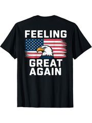 Feeling Great Again-Patriotic Bald Eagle USA Flag (ON BACK) T-Shirt 180G 100% Cotton Printed Round Neck Short-Sleeve T-Shirt, Gifts for Men Dad Husband Grandpa, S-XXXL, Black