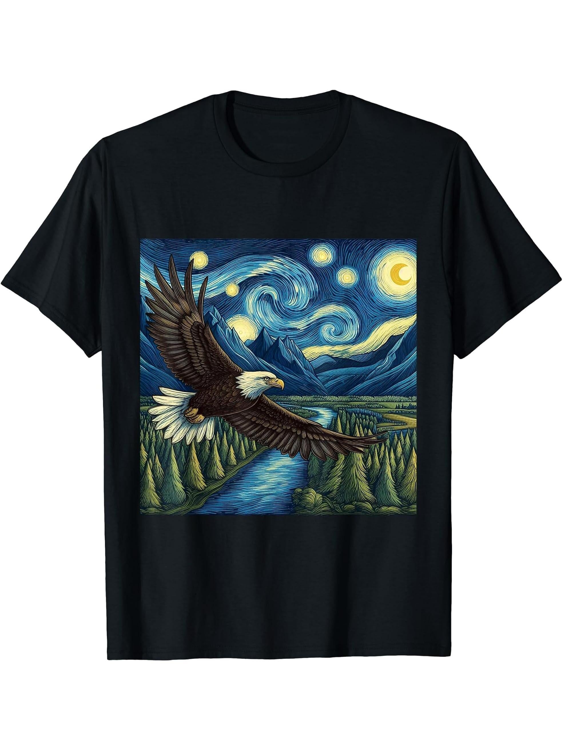 Bald Eagle Camping Hiking Bird Lover Starry Night T-Shirt 180G 100% Cotton Printed Round Neck Short-Sleeve T-Shirt, Gifts for Men Dad Husband Grandpa, S-XXXL, Black