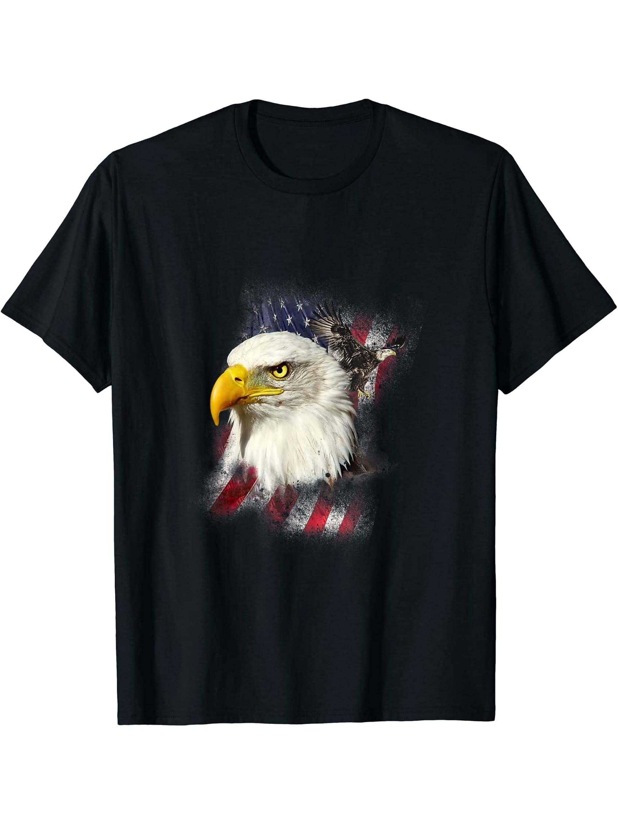 Bald Eagle American USA Flag T-Shirt 180G 100% Cotton Printed Round Neck Short-Sleeve T-Shirt, Gifts for Men Dad Husband Grandpa, S-XXXL, Black