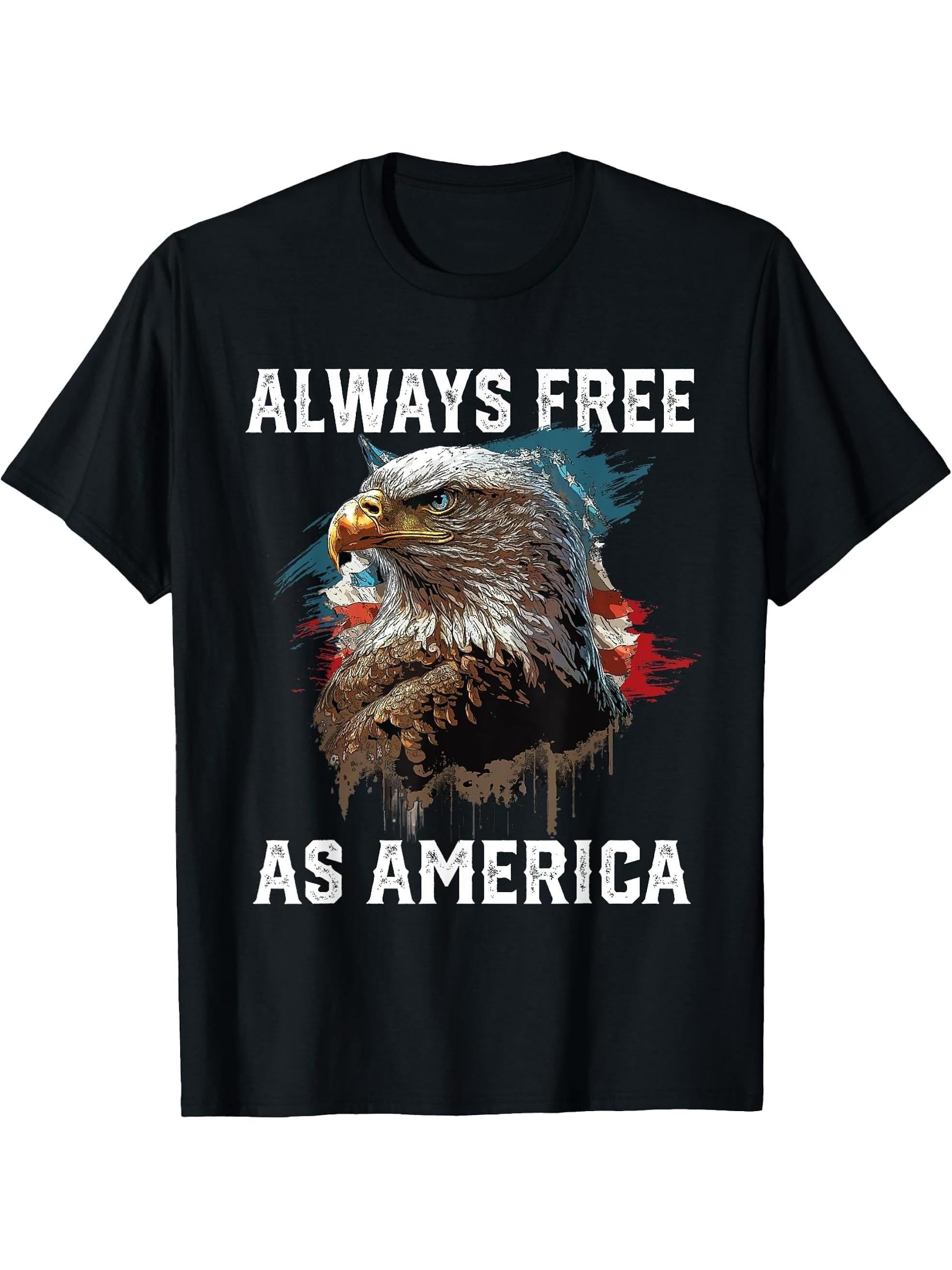 Always Free as America American Bald Eagle USA Flag T-Shirt 180G 100% Cotton Printed Round Neck Short-Sleeve T-Shirt, Gifts for Men Dad Husband Grandpa, S-XXXL, Black